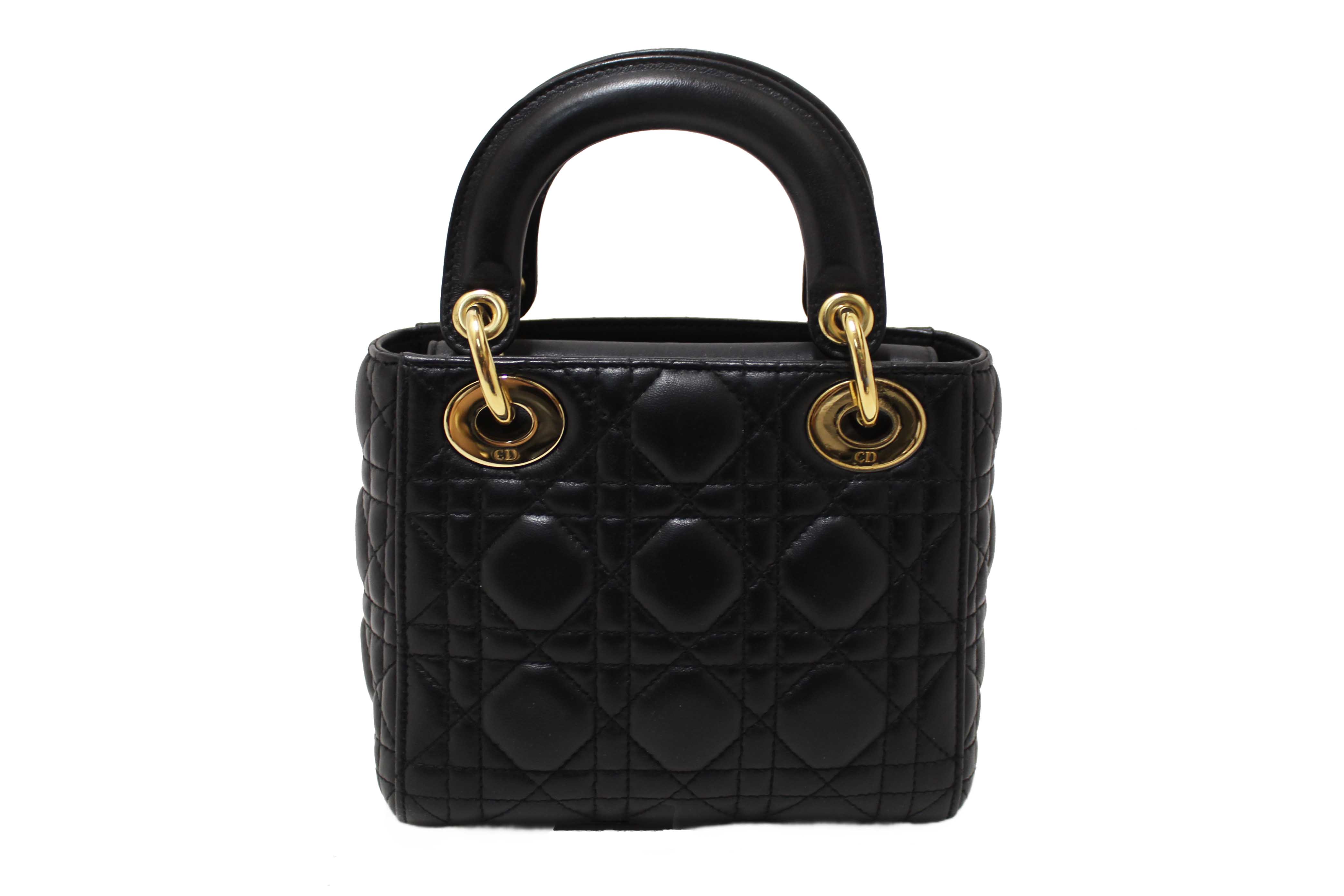 Authentic Christian Dior Black Cannage Lambskin Leather Mini Lady Dior Bag