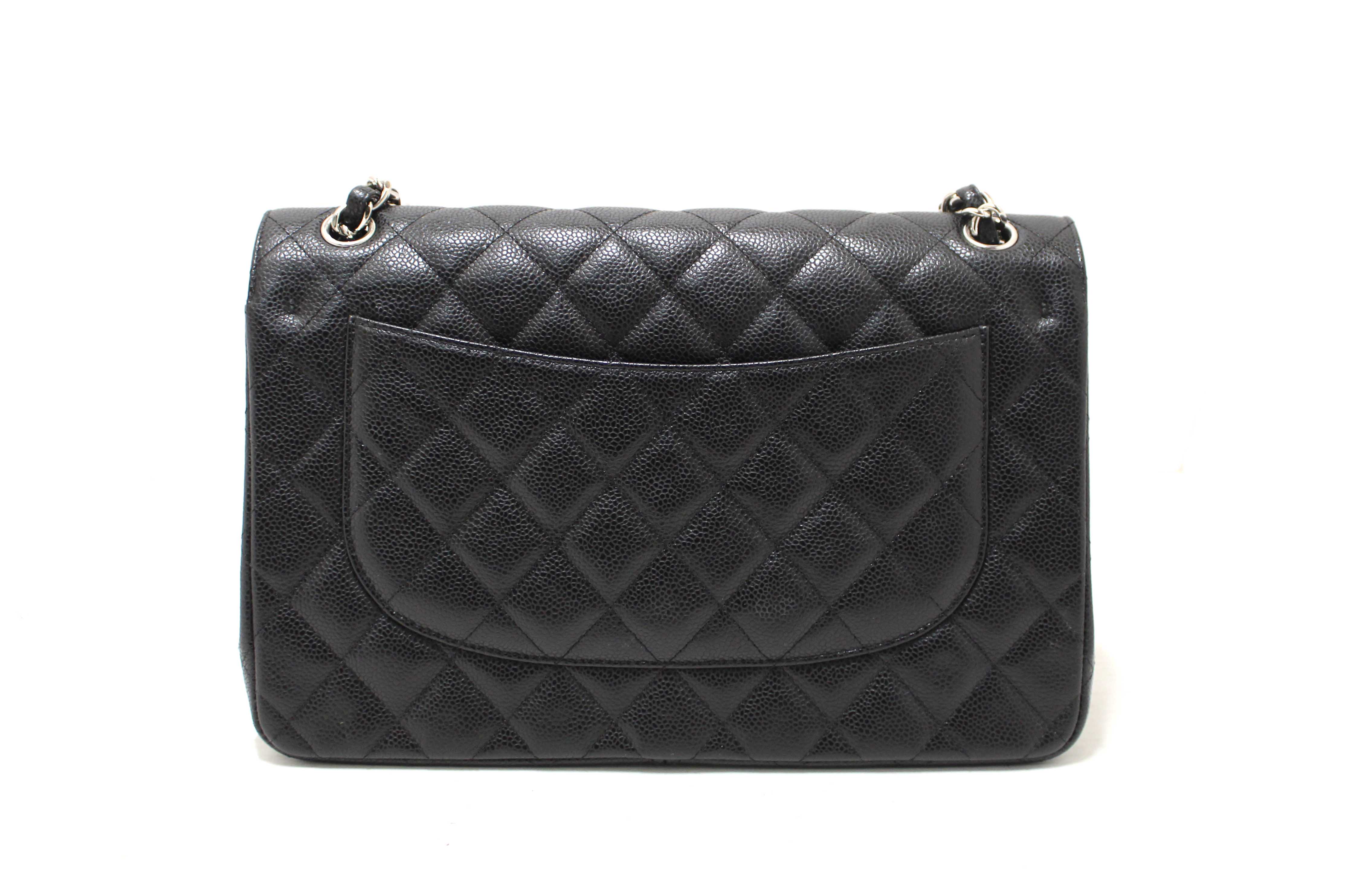 Authentic Chanel Black Quilted Caviar Leather Classic Jumbo Double Flap Bag