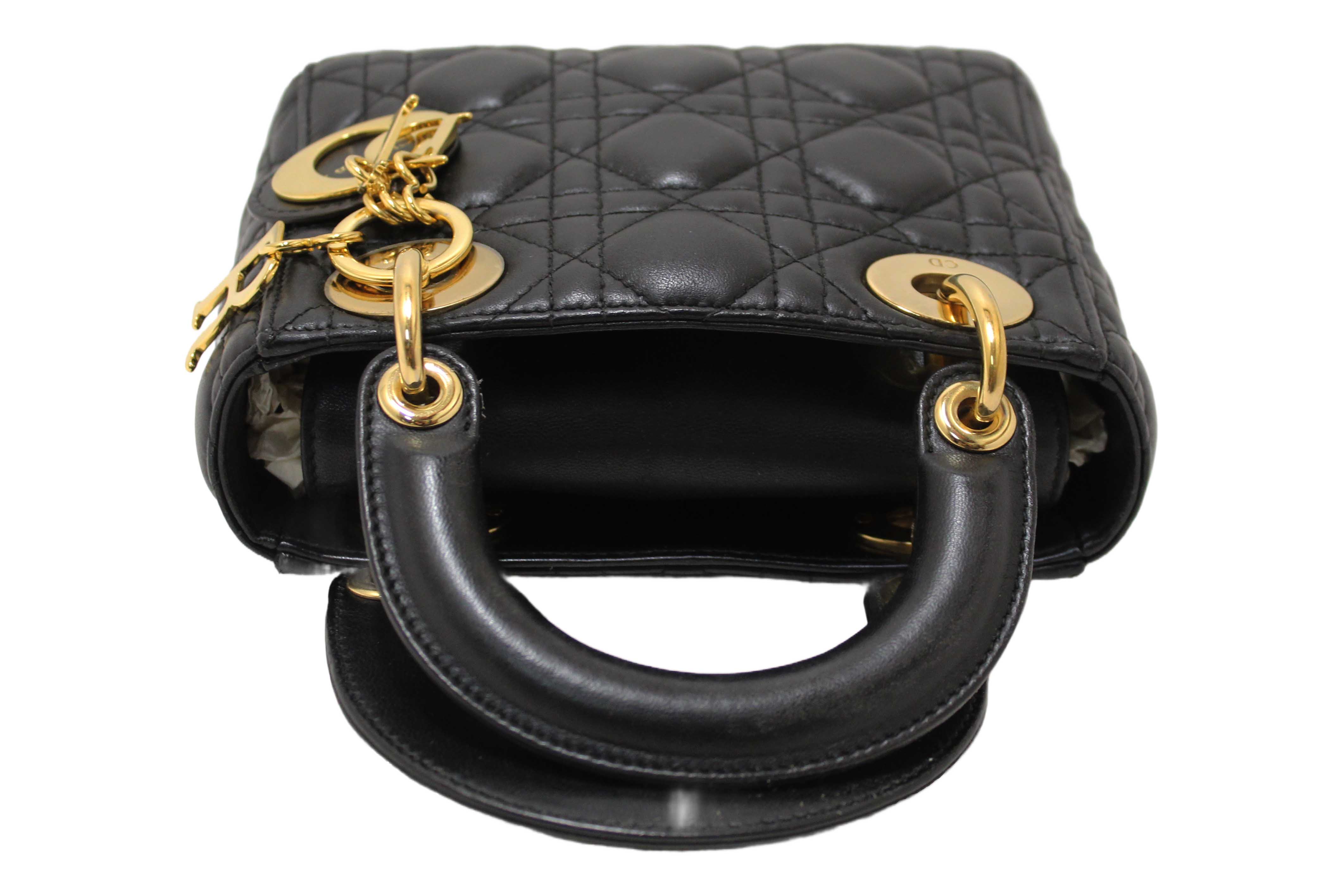 Authentic Christian Dior Black Cannage Lambskin Leather Mini Lady Dior Bag