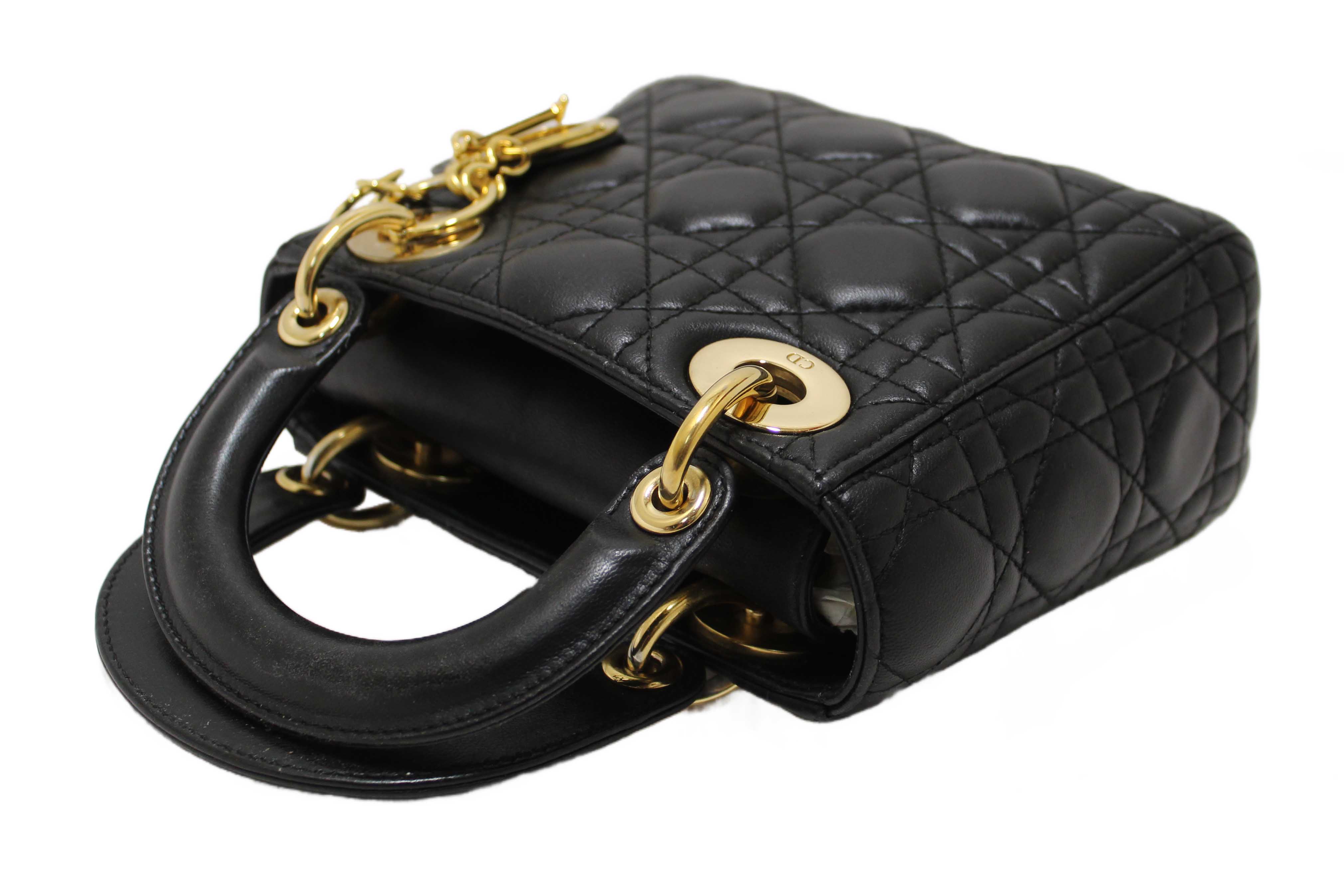 Authentic Christian Dior Black Cannage Lambskin Leather Mini Lady Dior Bag