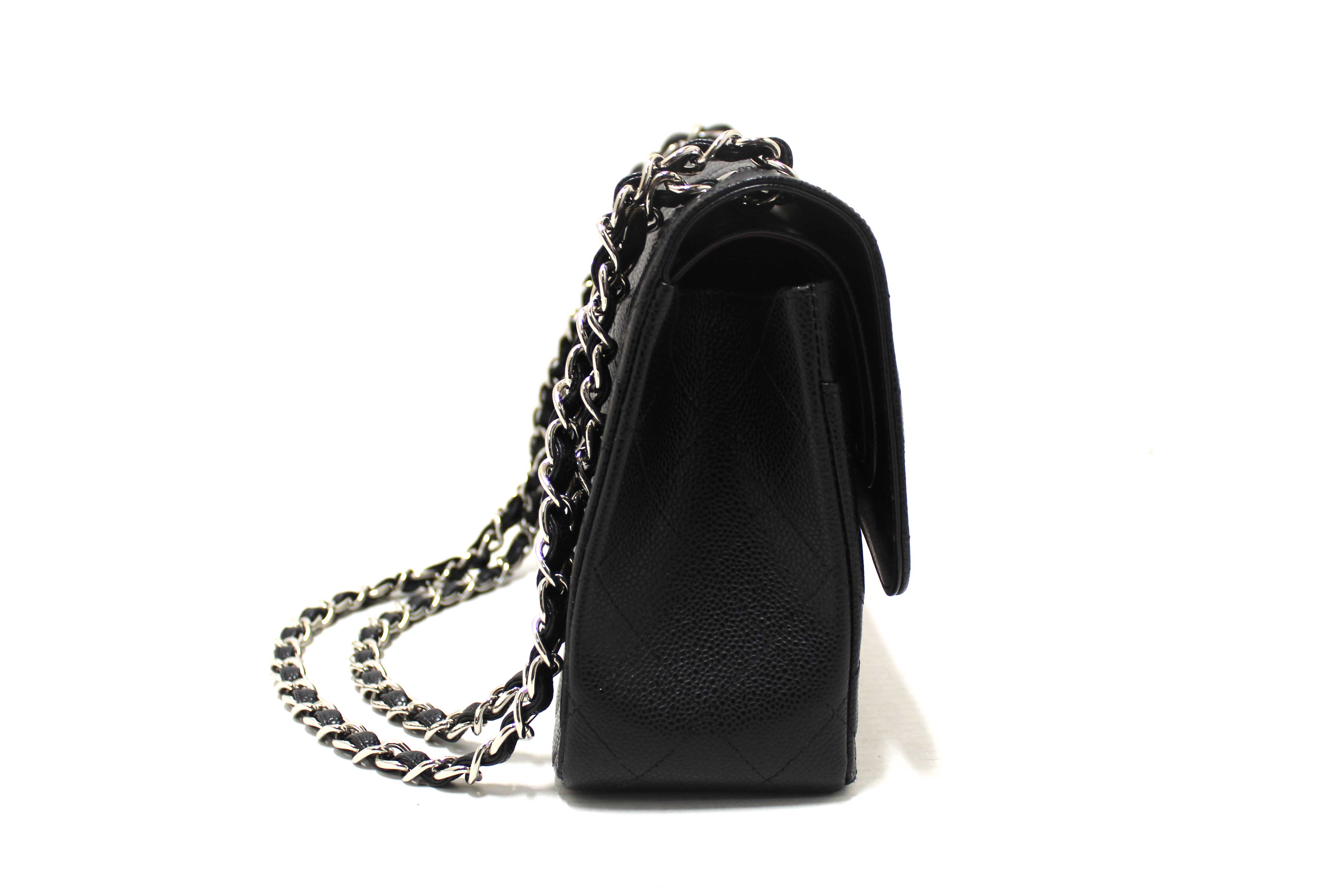 Authentic Chanel Black Quilted Caviar Leather Classic Jumbo Double Flap Bag