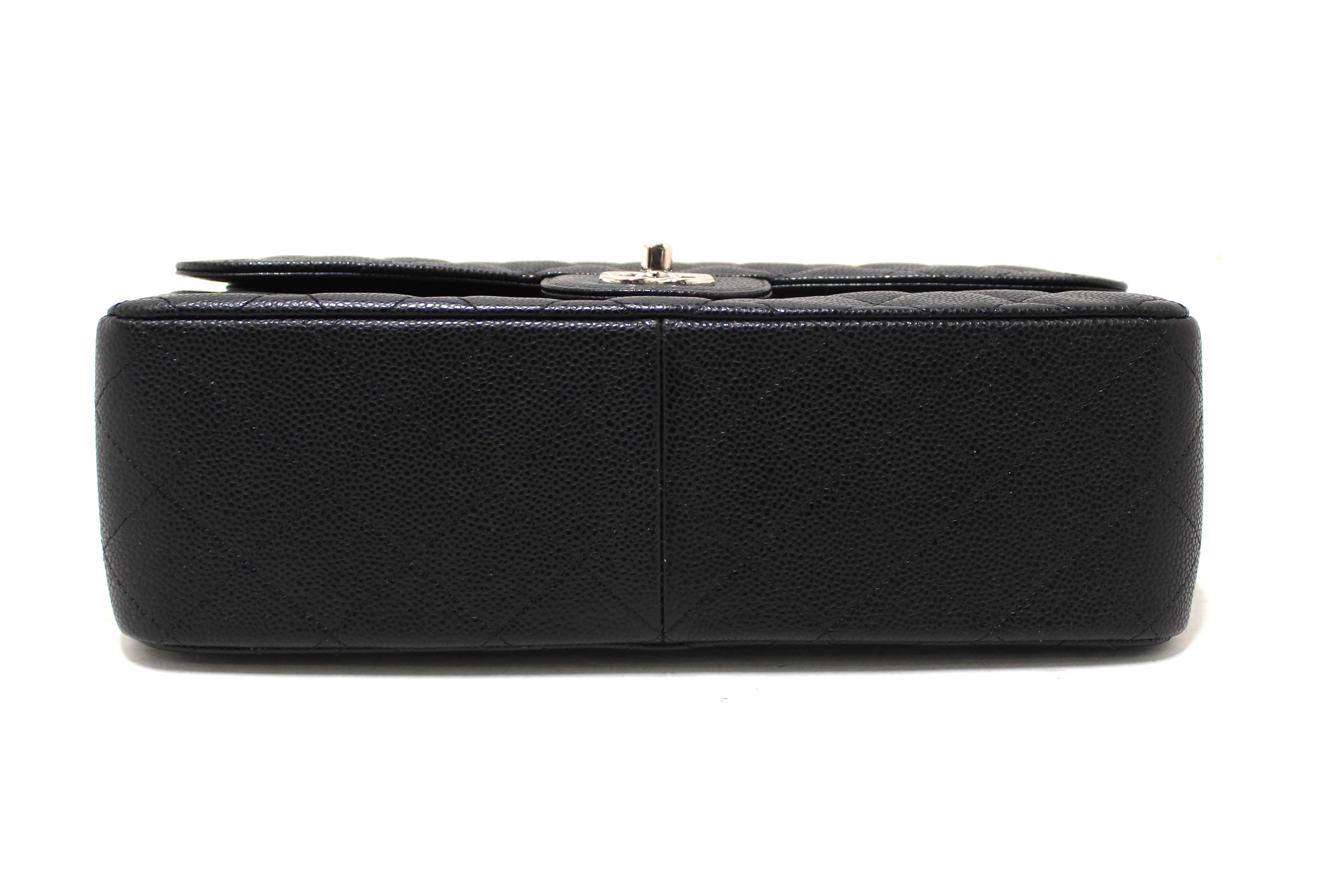 Authentic Chanel Black Quilted Caviar Leather Classic Jumbo Double Flap Bag