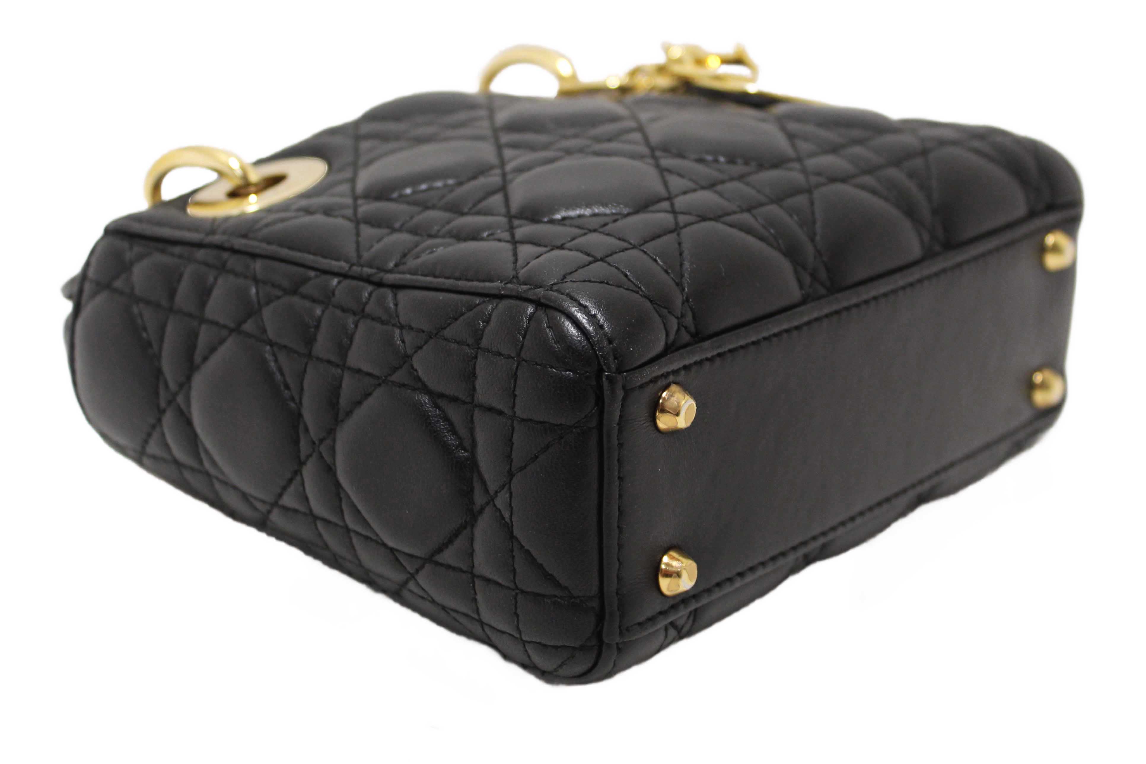 Authentic Christian Dior Black Cannage Lambskin Leather Mini Lady Dior Bag