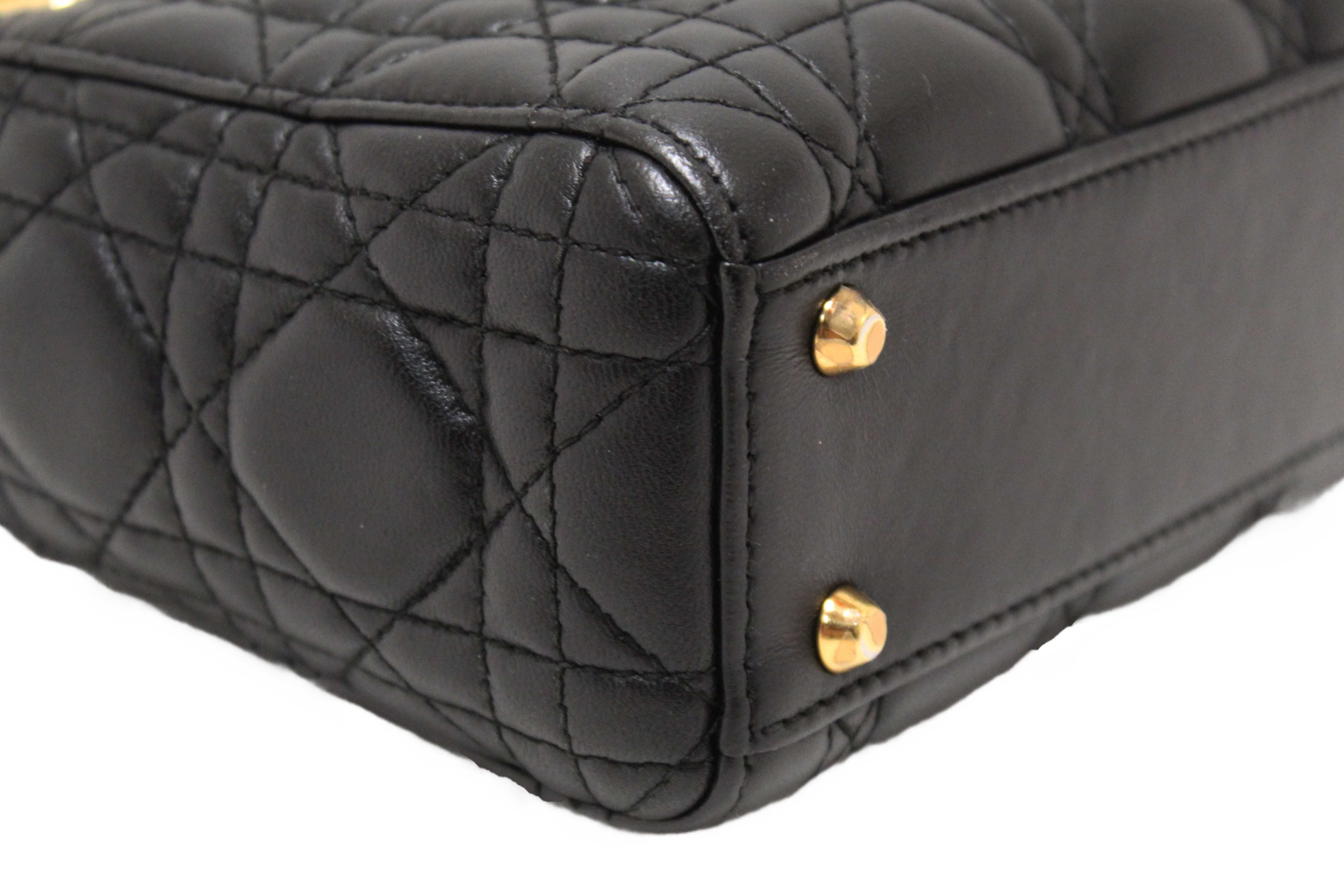 Authentic Christian Dior Black Cannage Lambskin Leather Mini Lady Dior Bag