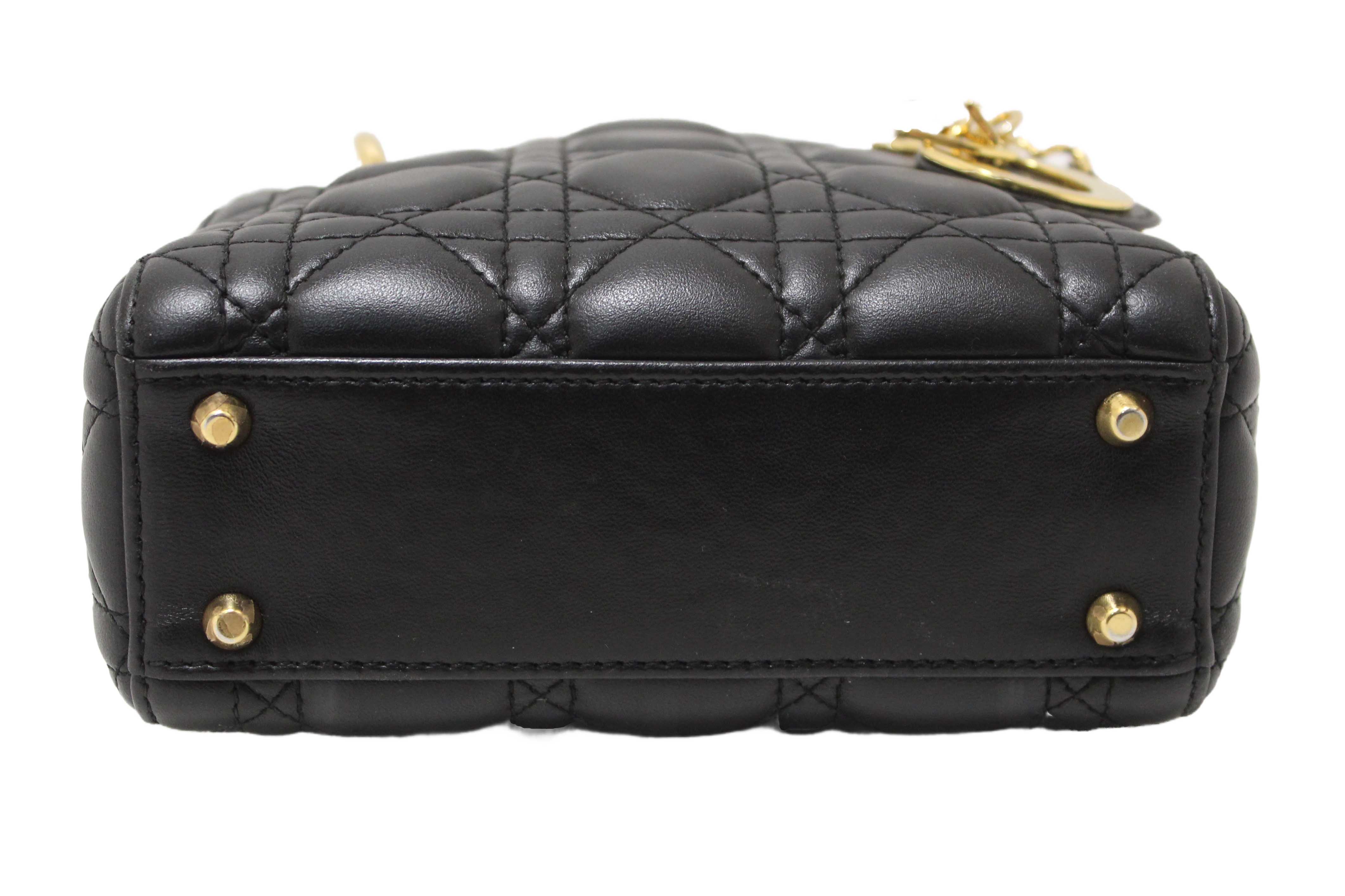 Authentic Christian Dior Black Cannage Lambskin Leather Mini Lady Dior Bag