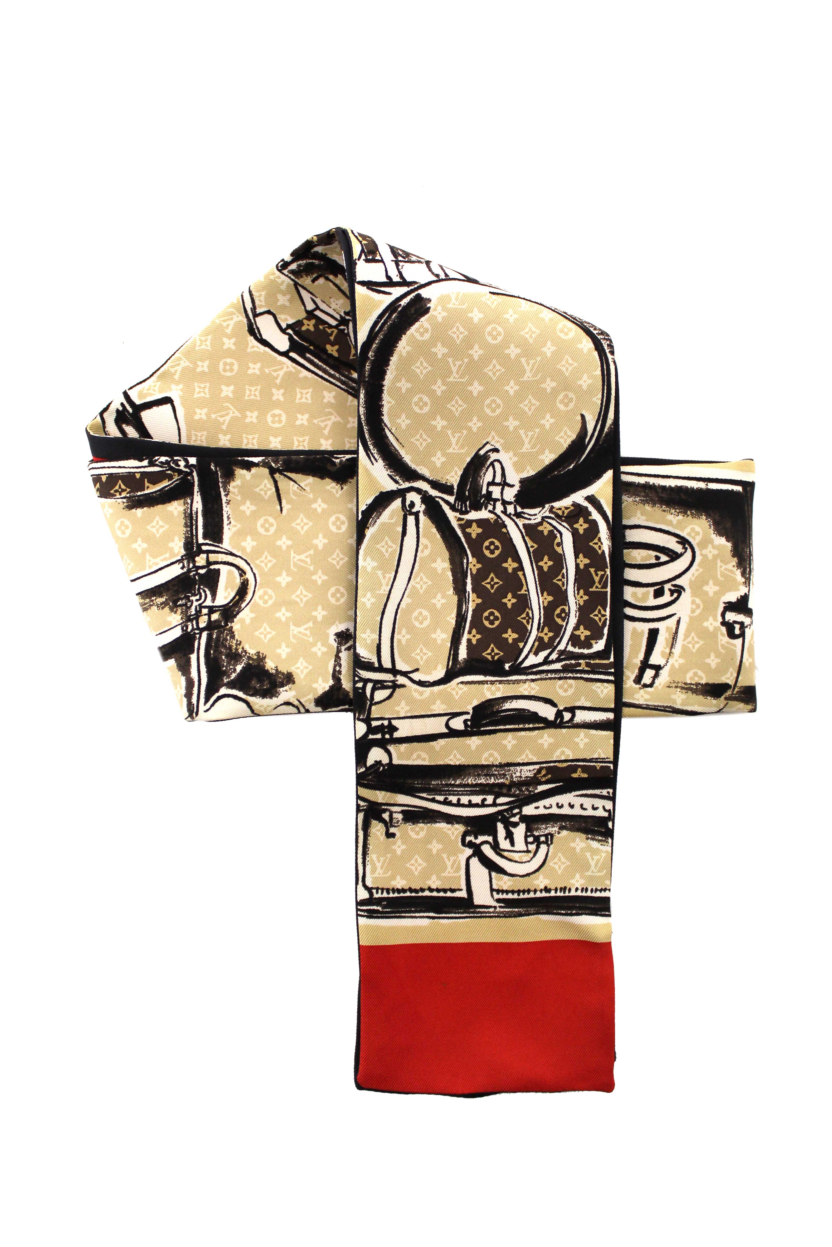Authentic Louis Vuitton Silk Monogram Trunks Red Twilly Bandeau Scarf