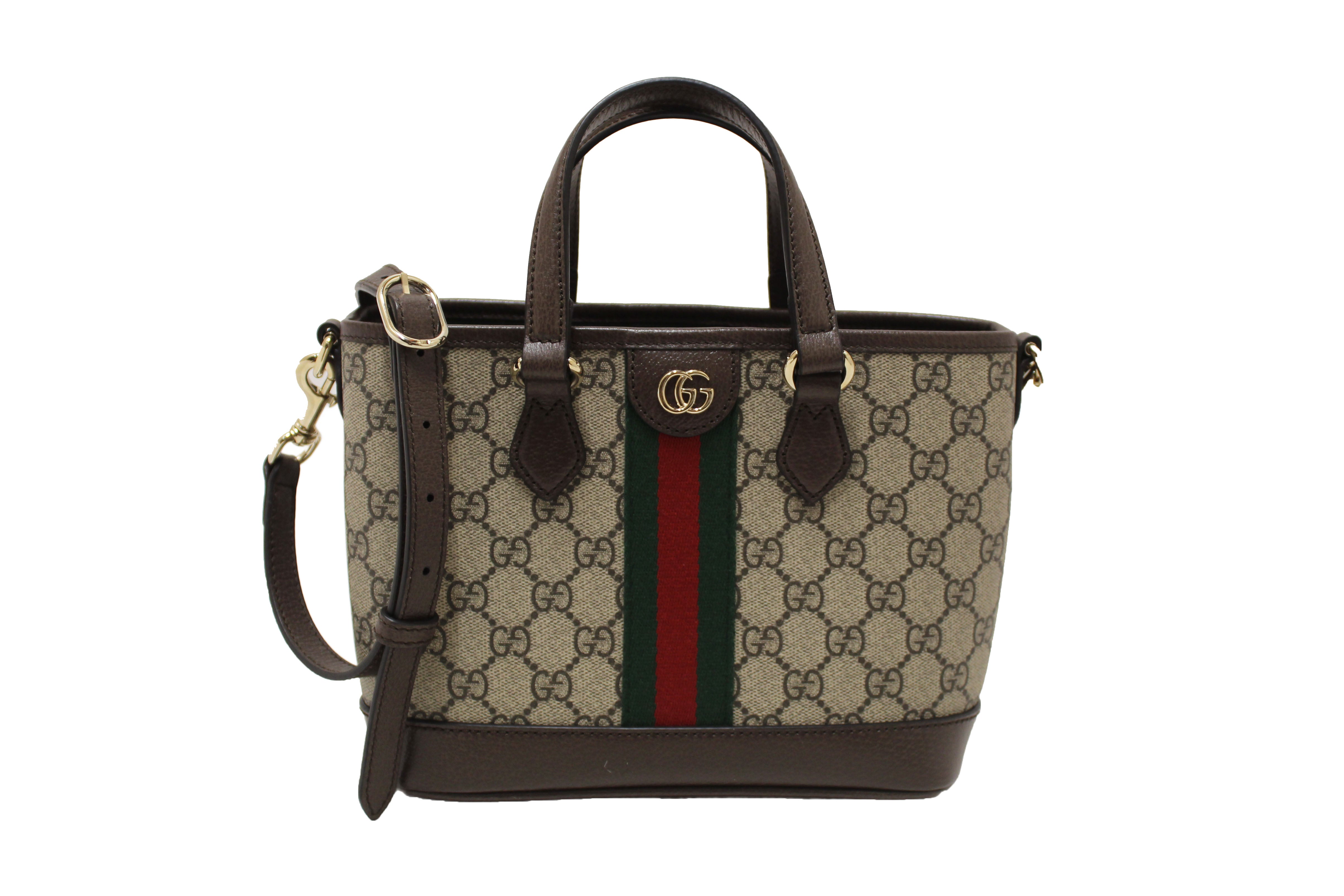 Authentic Gucci Beige and Dark Brown GG Monogram Ophidia Small Tote Bag 836848