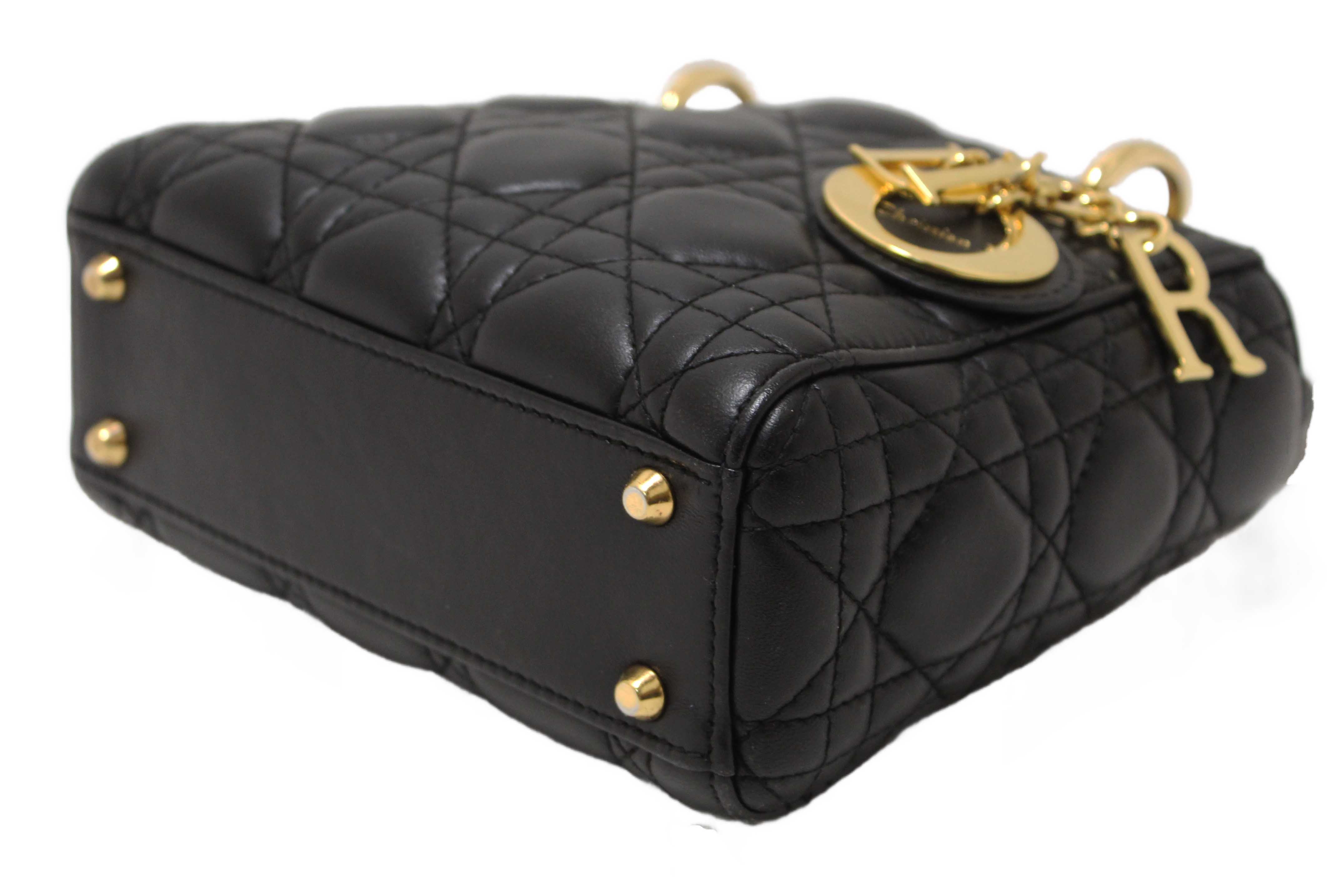 Authentic Christian Dior Black Cannage Lambskin Leather Mini Lady Dior Bag