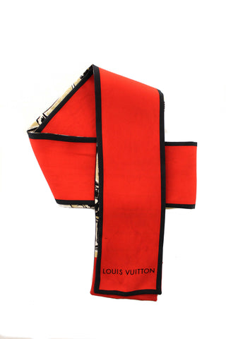 Authentic Louis Vuitton Silk Monogram Trunks Red Twilly Bandeau Scarf