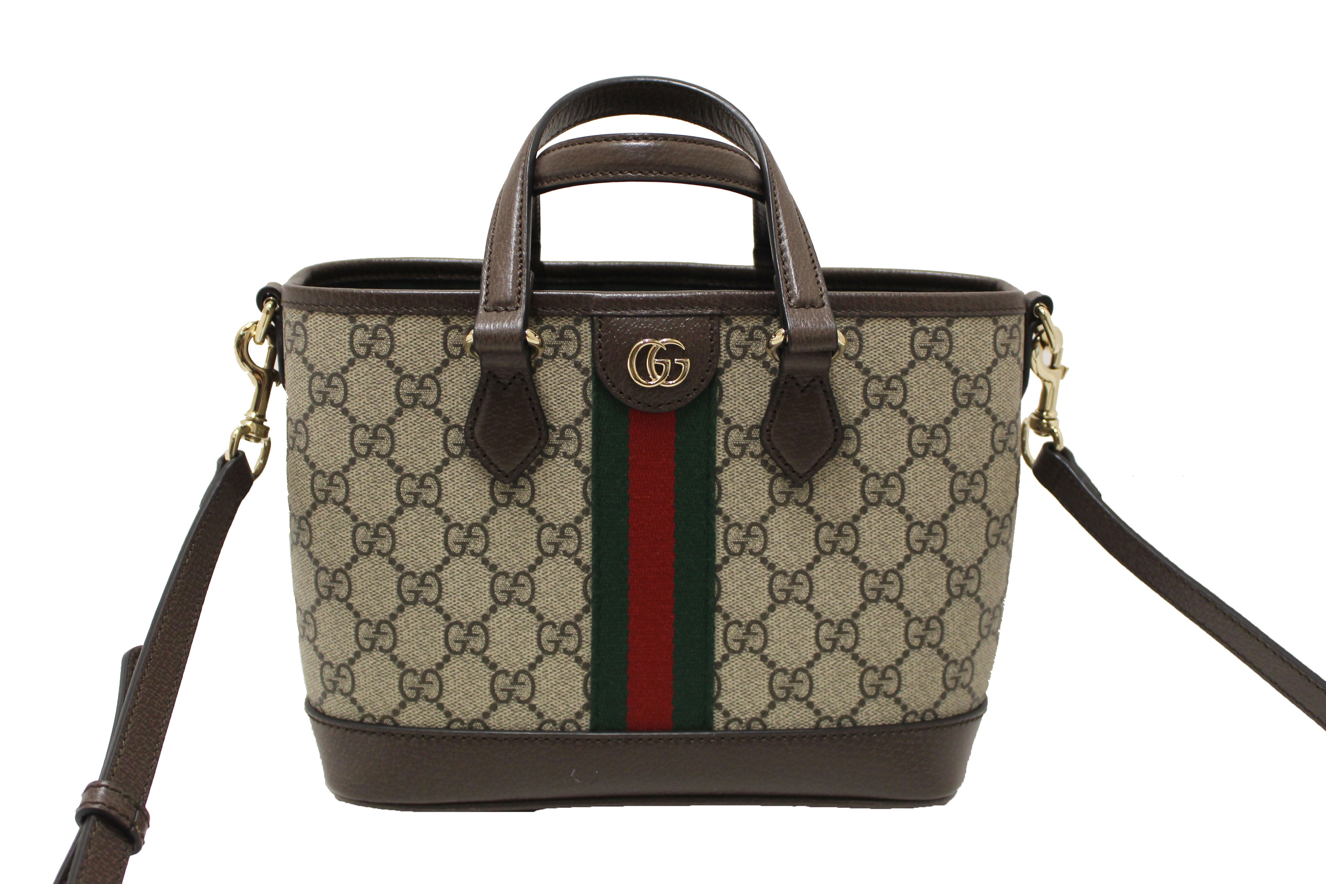 Authentic Gucci Beige and Dark Brown GG Monogram Ophidia Small Tote Bag 836848