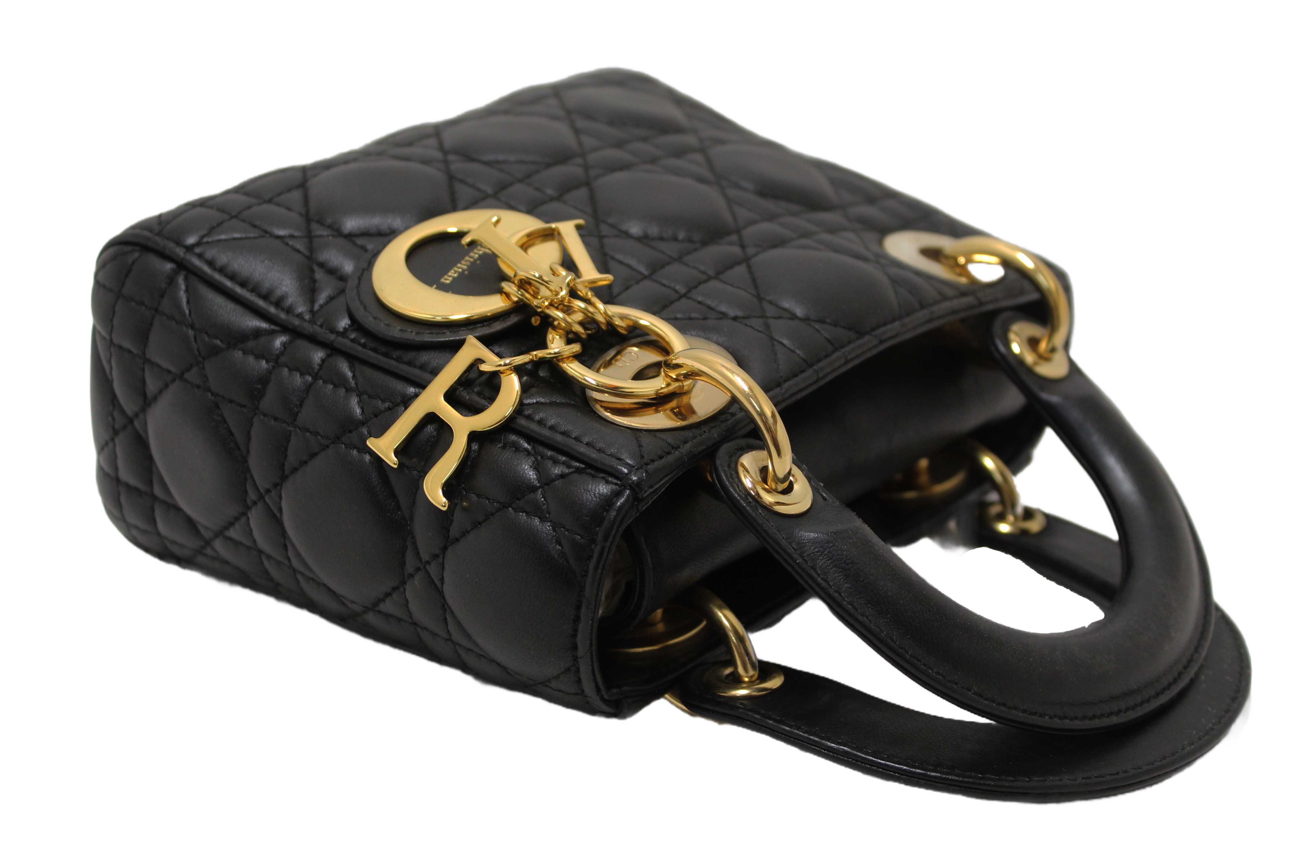 Authentic Christian Dior Black Cannage Lambskin Leather Mini Lady Dior Bag