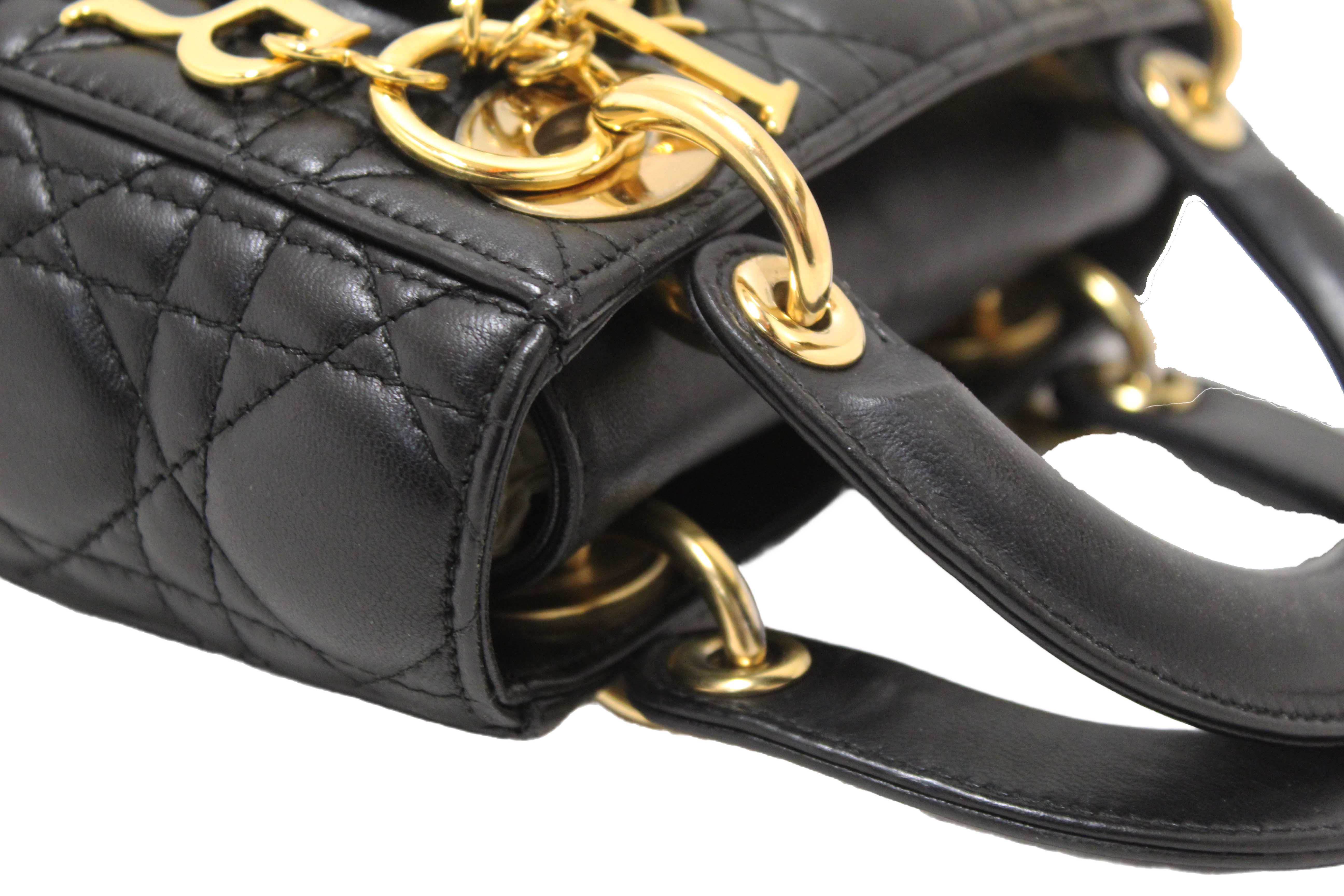 Authentic Christian Dior Black Cannage Lambskin Leather Mini Lady Dior Bag