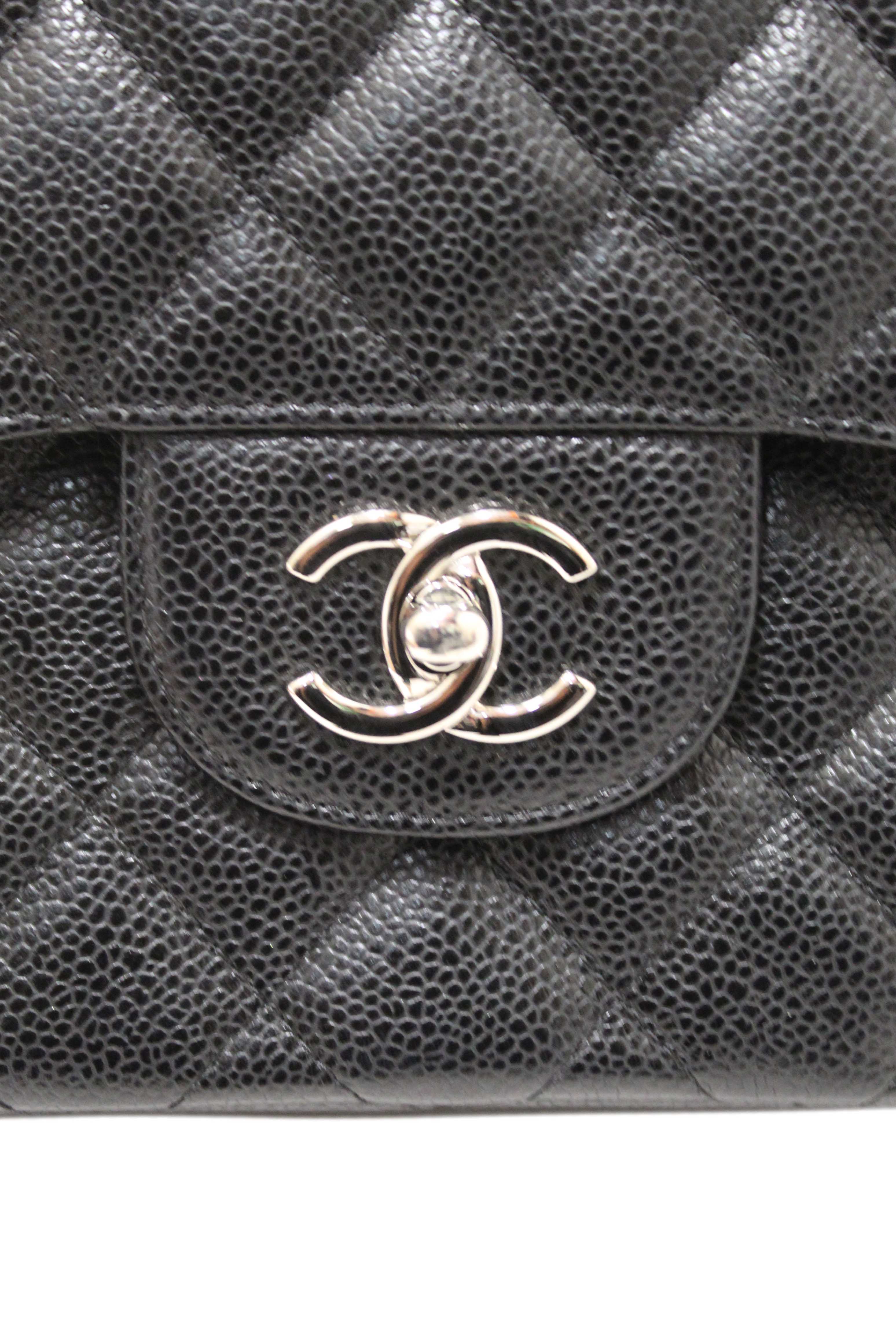 Authentic Chanel Black Quilted Caviar Leather Classic Jumbo Double Flap Bag