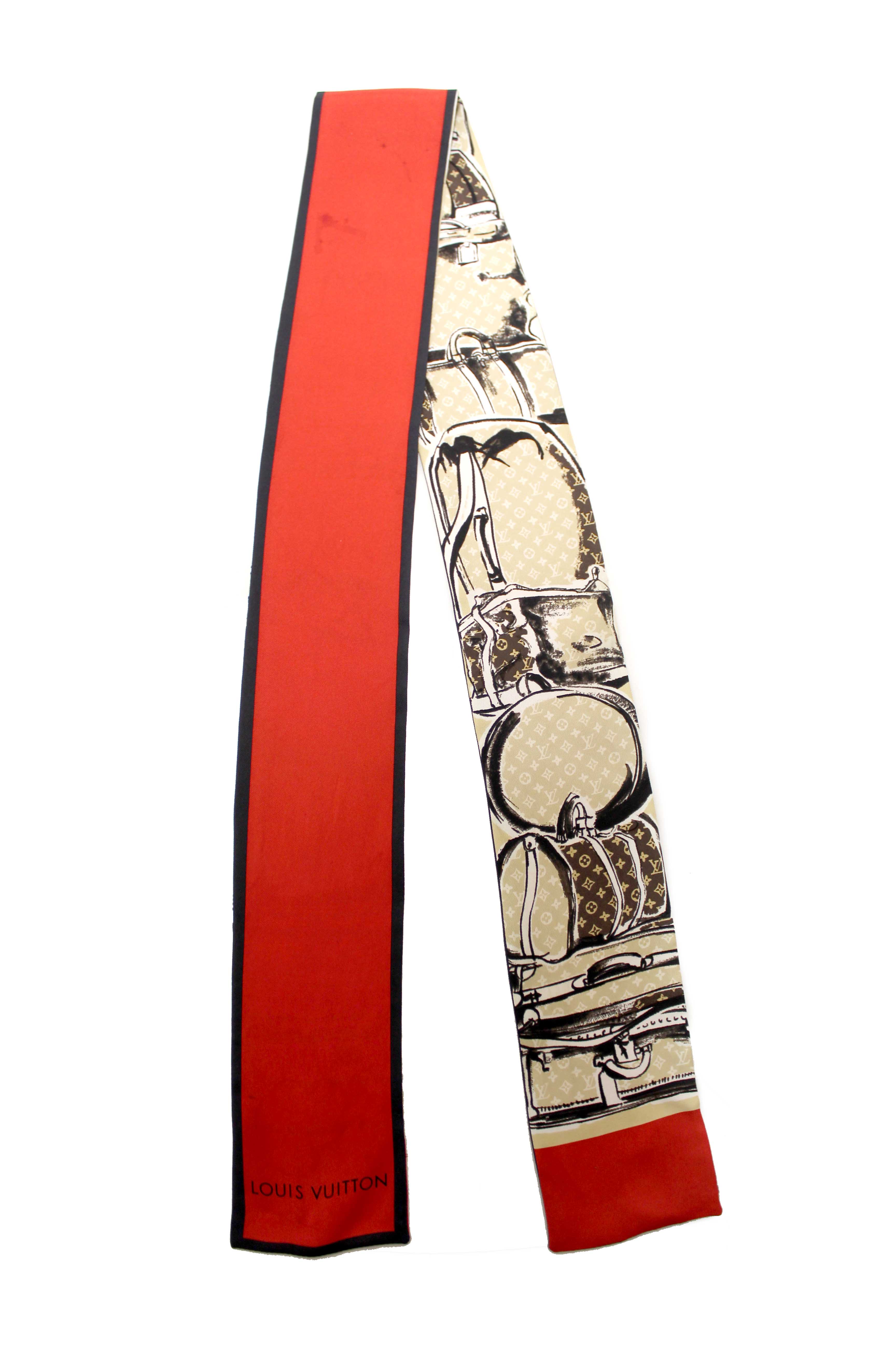 Authentic Louis Vuitton Silk Monogram Trunks Red Twilly Bandeau Scarf