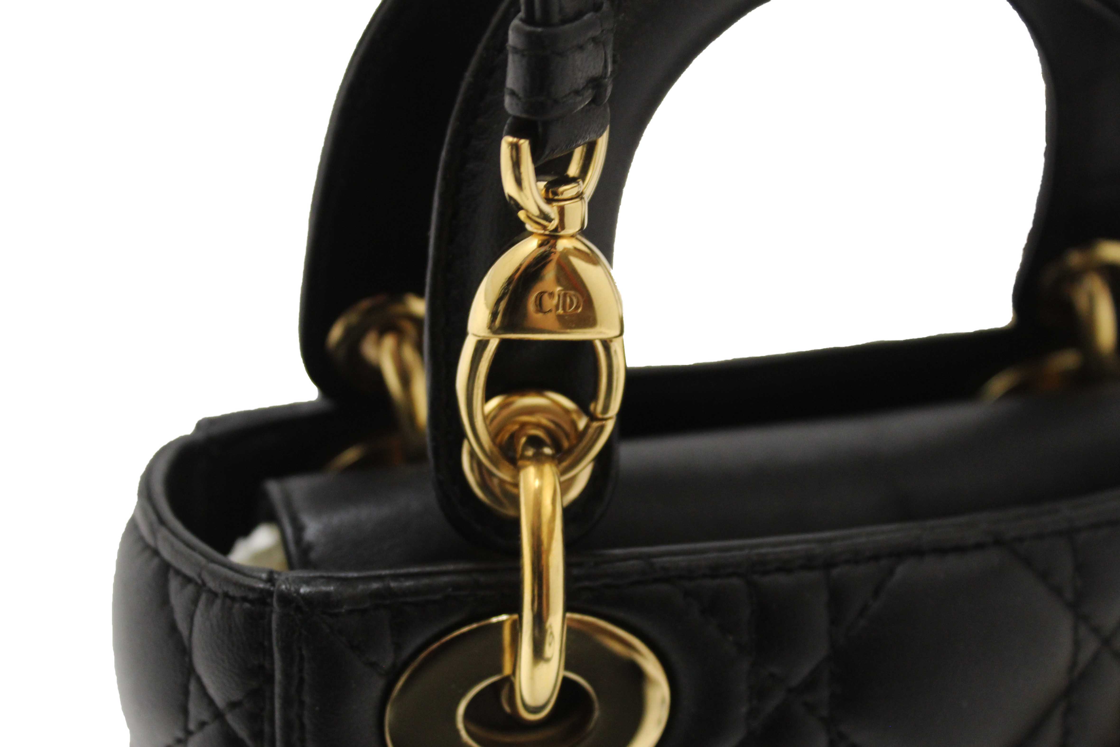 Authentic Christian Dior Black Cannage Lambskin Leather Mini Lady Dior Bag