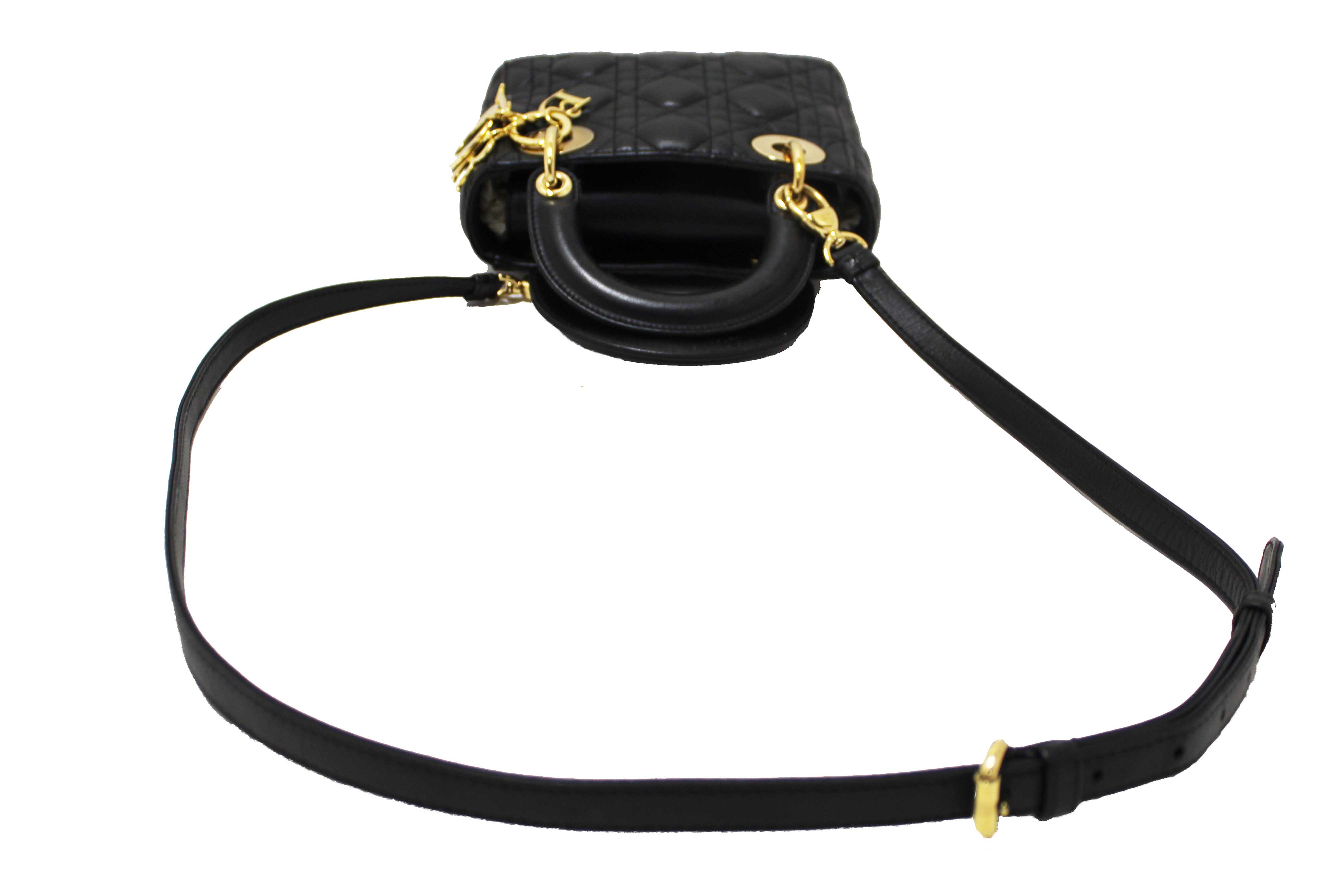 Authentic Christian Dior Black Cannage Lambskin Leather Mini Lady Dior Bag