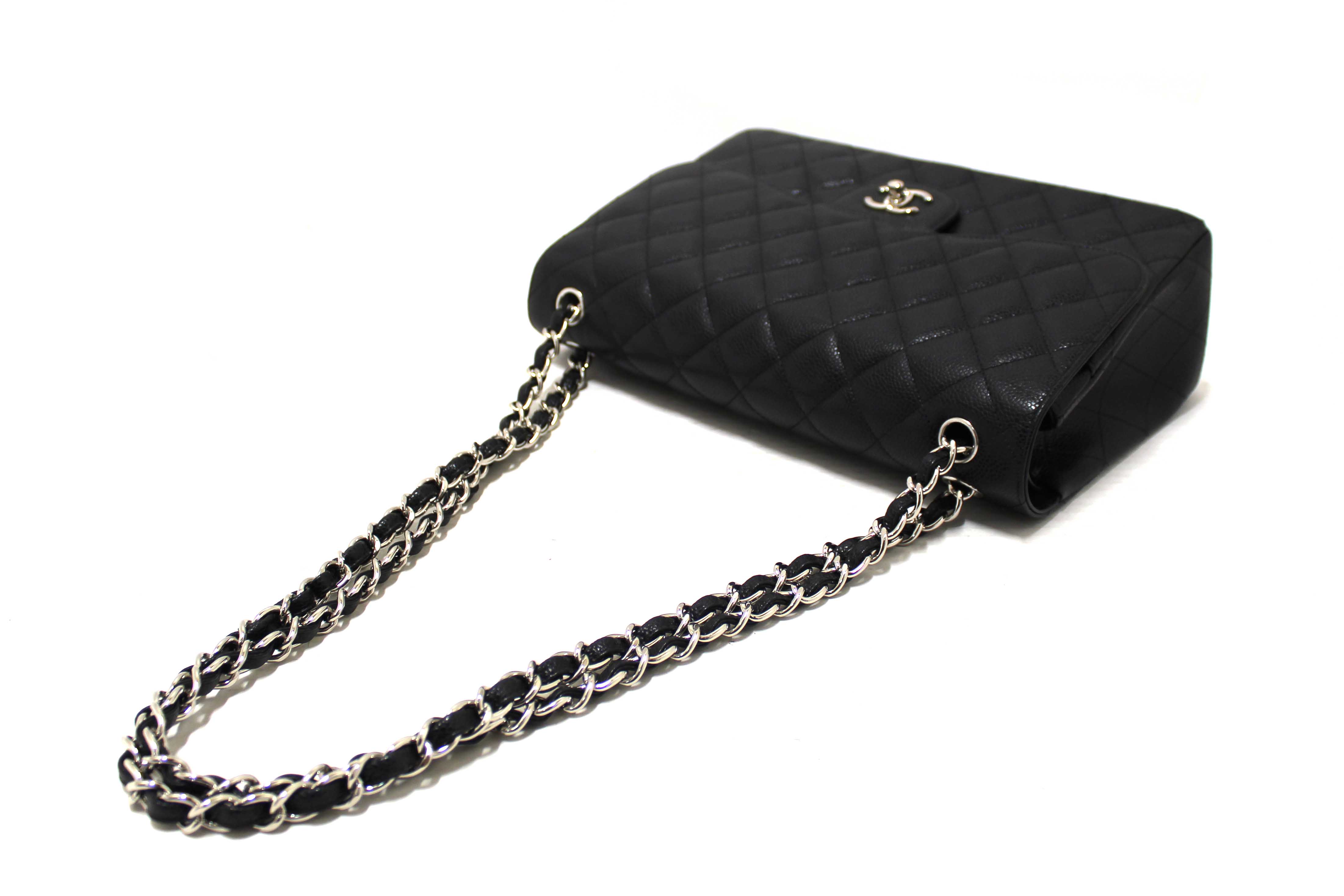 Authentic Chanel Black Quilted Caviar Leather Classic Jumbo Double Flap Bag