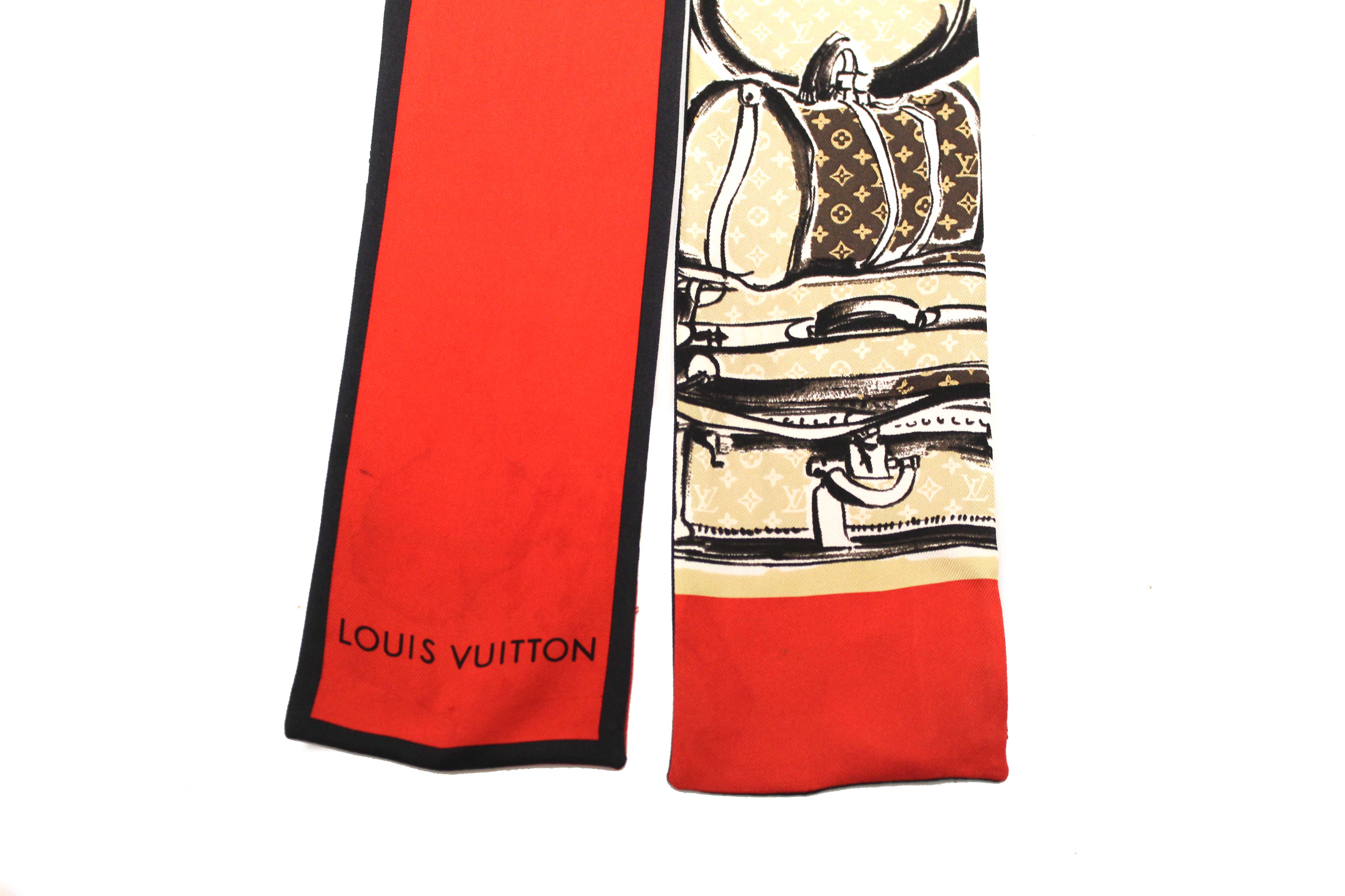 Authentic Louis Vuitton Silk Monogram Trunks Red Twilly Bandeau Scarf
