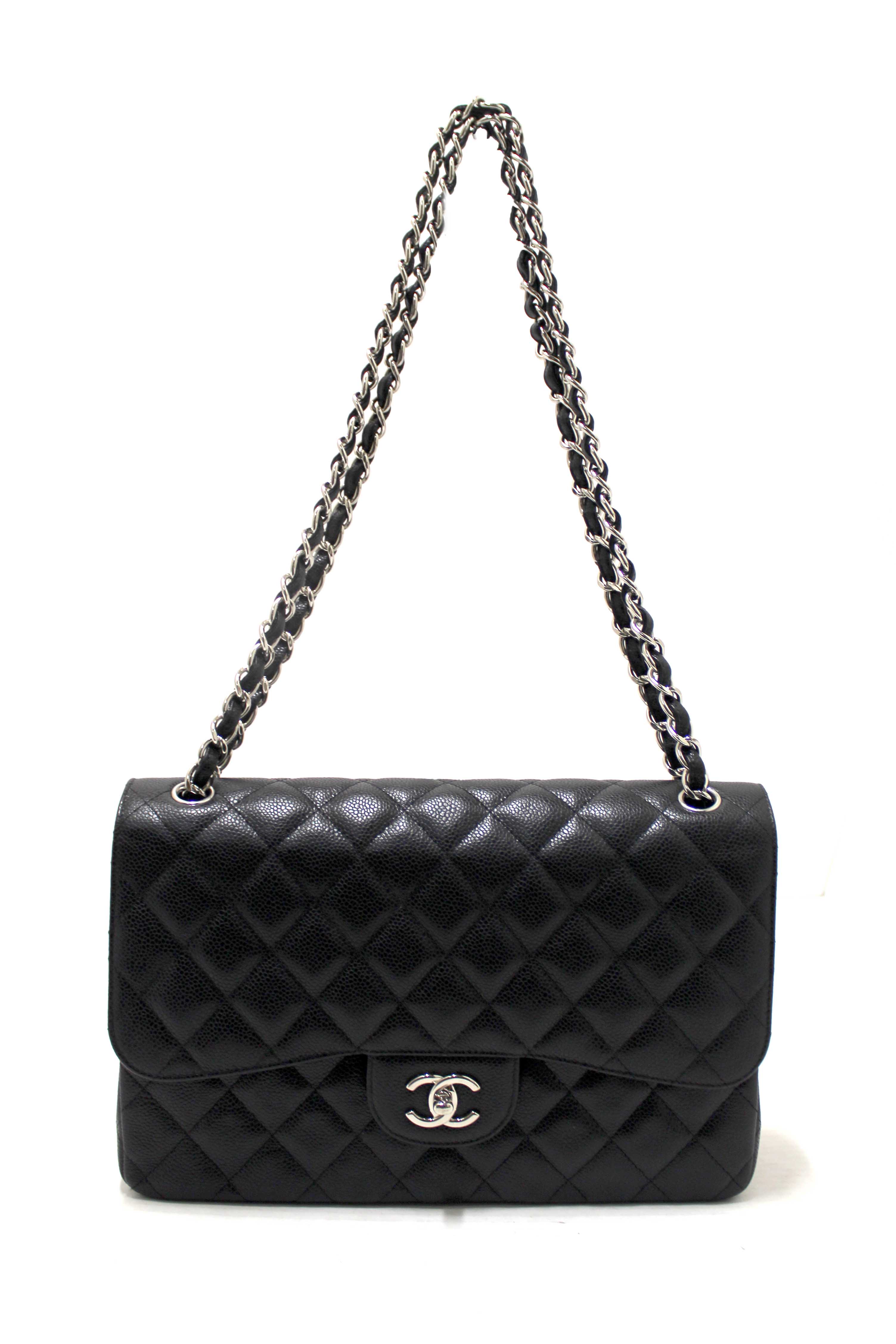 Authentic Chanel Black Quilted Caviar Leather Classic Jumbo Double Flap Bag