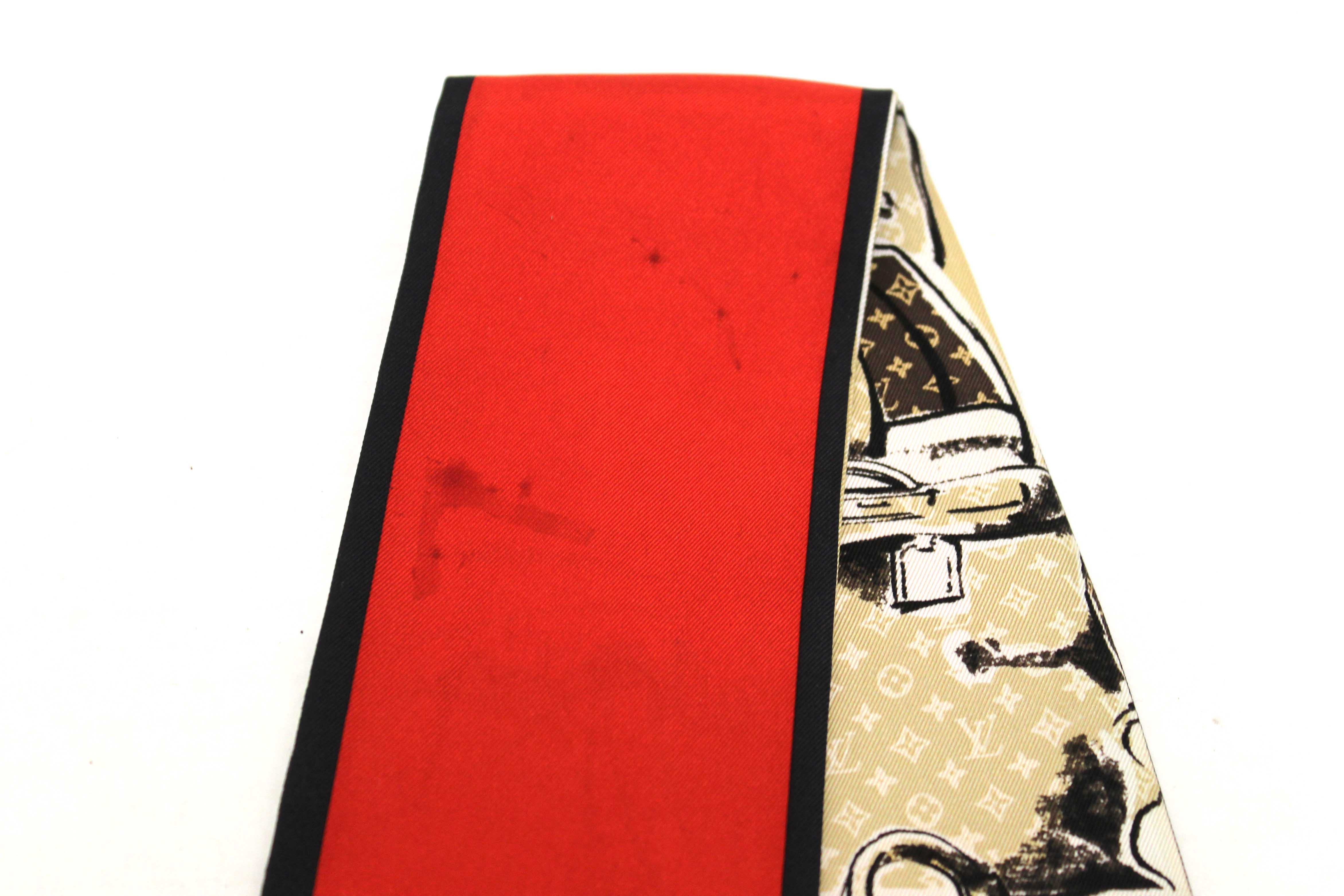 Authentic Louis Vuitton Silk Monogram Trunks Red Twilly Bandeau Scarf