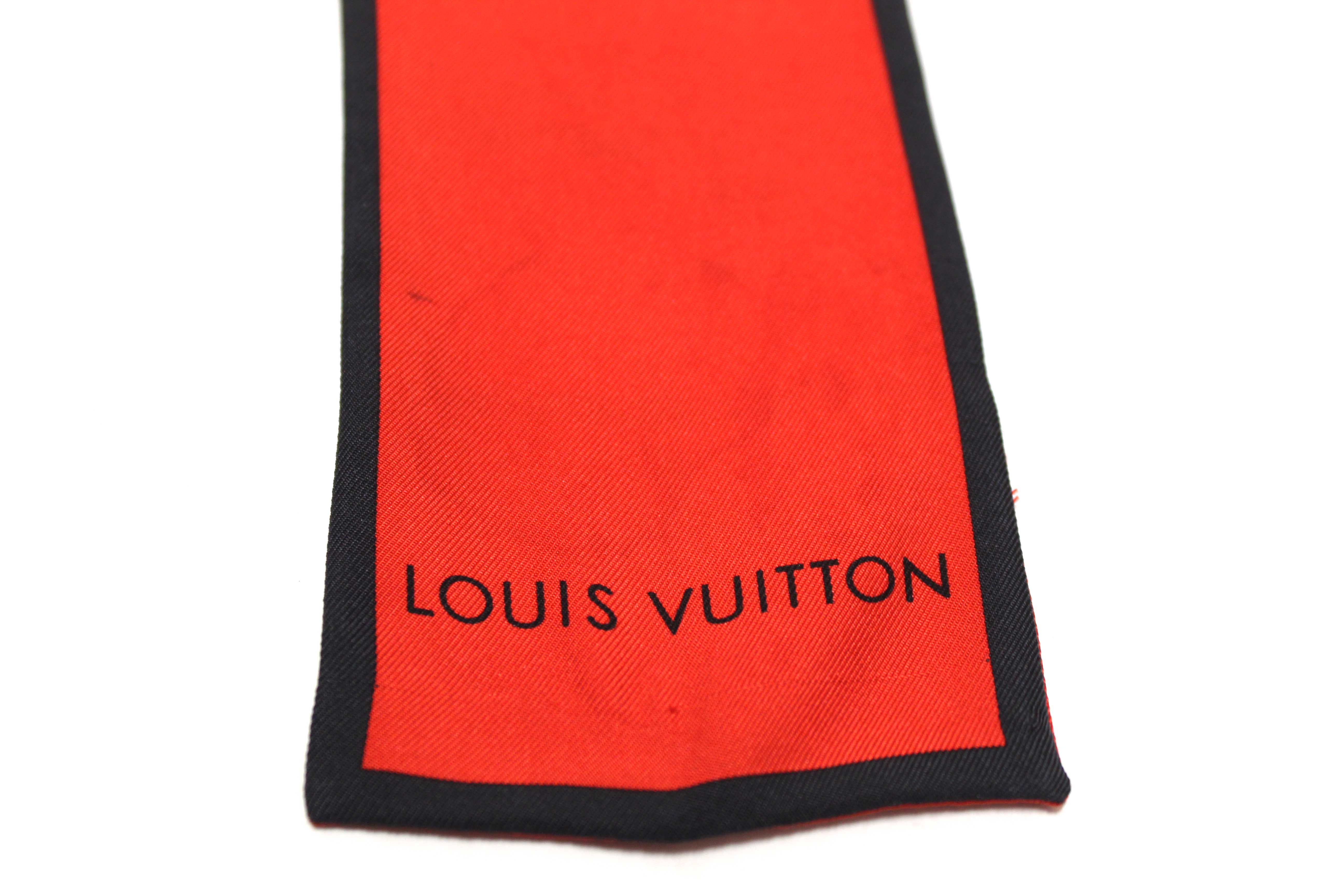 Authentic Louis Vuitton Silk Monogram Trunks Red Twilly Bandeau Scarf