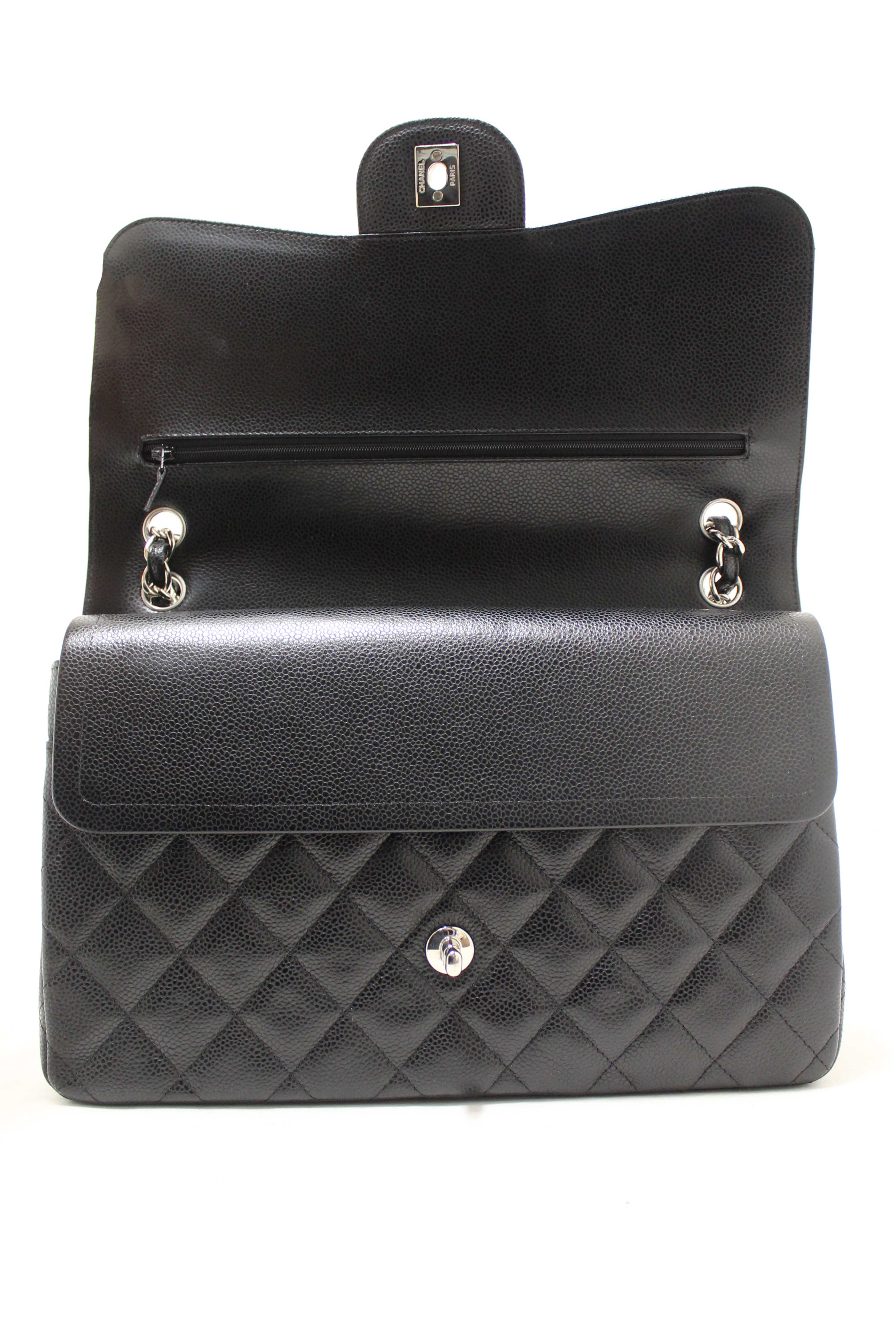 Authentic Chanel Black Quilted Caviar Leather Classic Jumbo Double Flap Bag