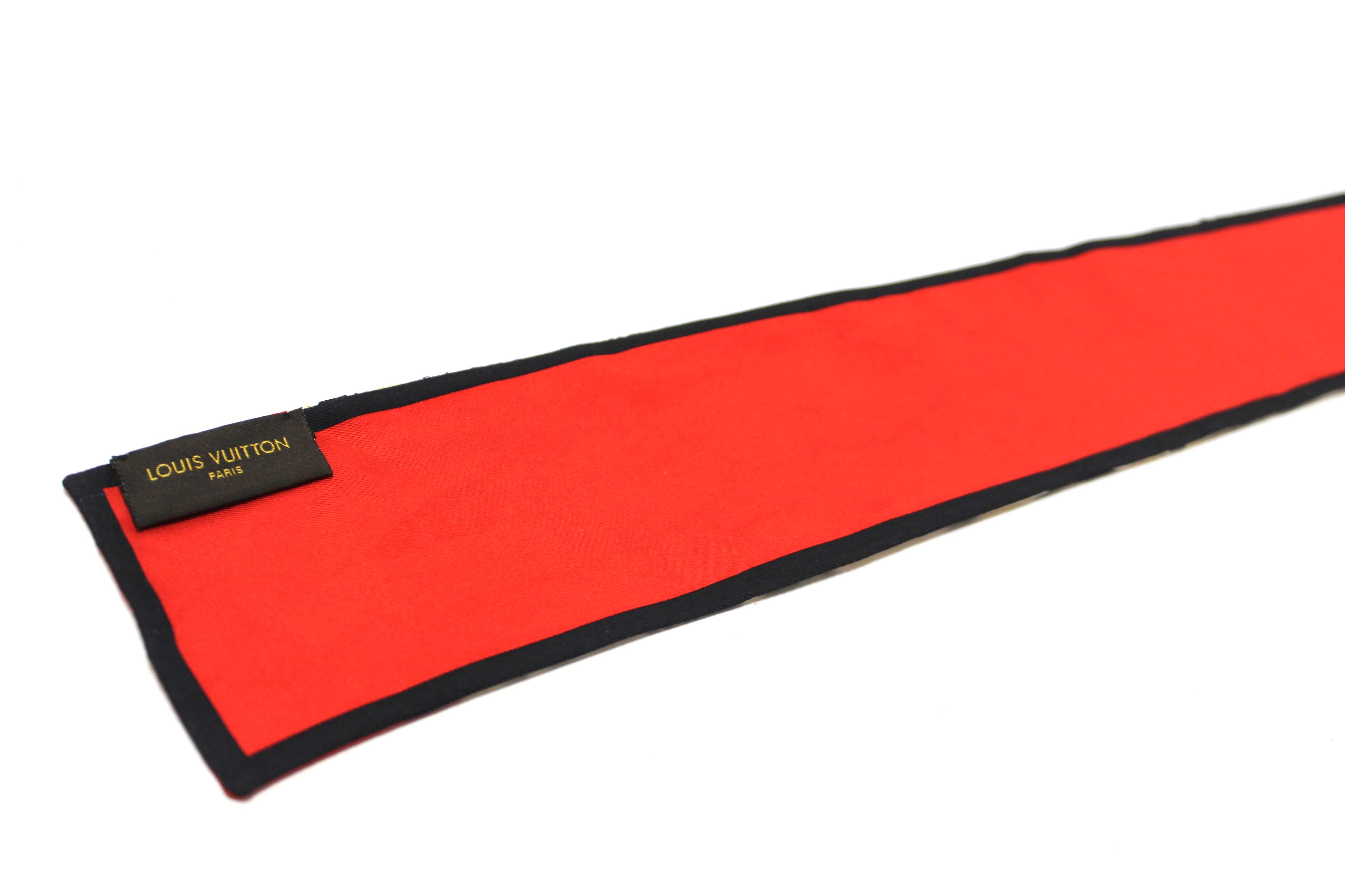 Authentic Louis Vuitton Silk Monogram Trunks Red Twilly Bandeau Scarf