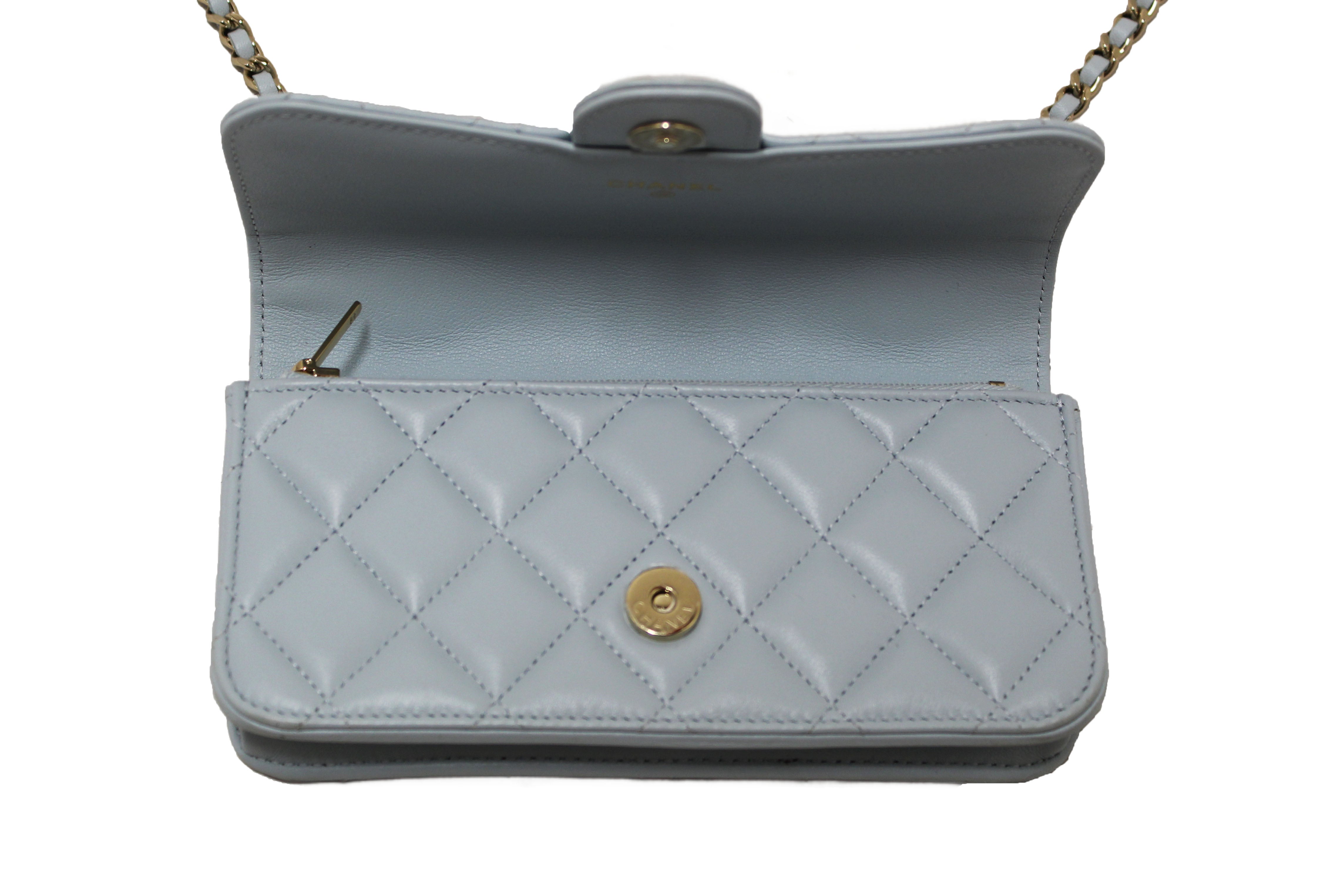 Authentic Chanel Light Blue Quilted Lambskin Leather Flap Phone Holder with Chain Crossbody Bag