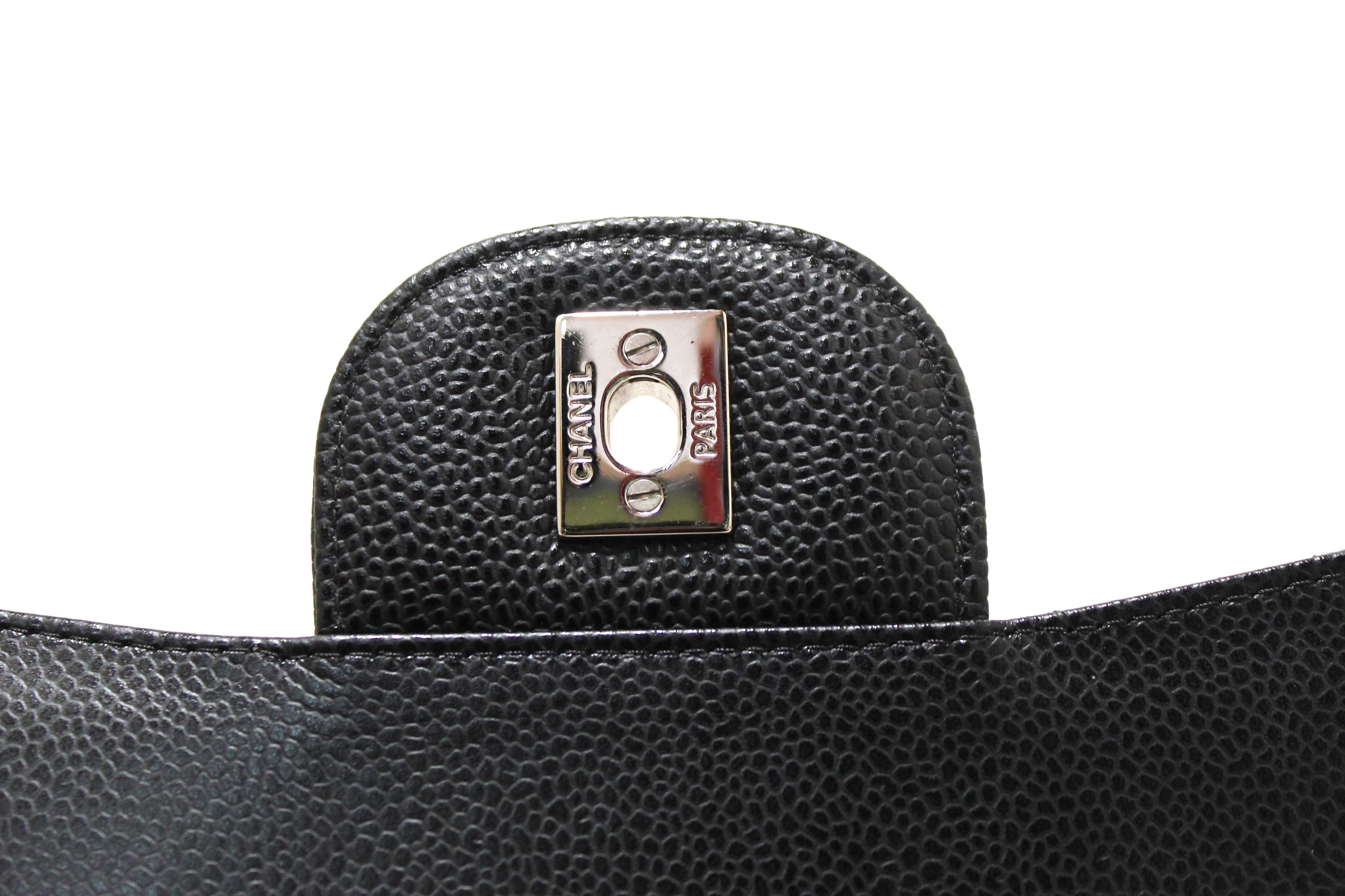 Authentic Chanel Black Quilted Caviar Leather Classic Jumbo Double Flap Bag