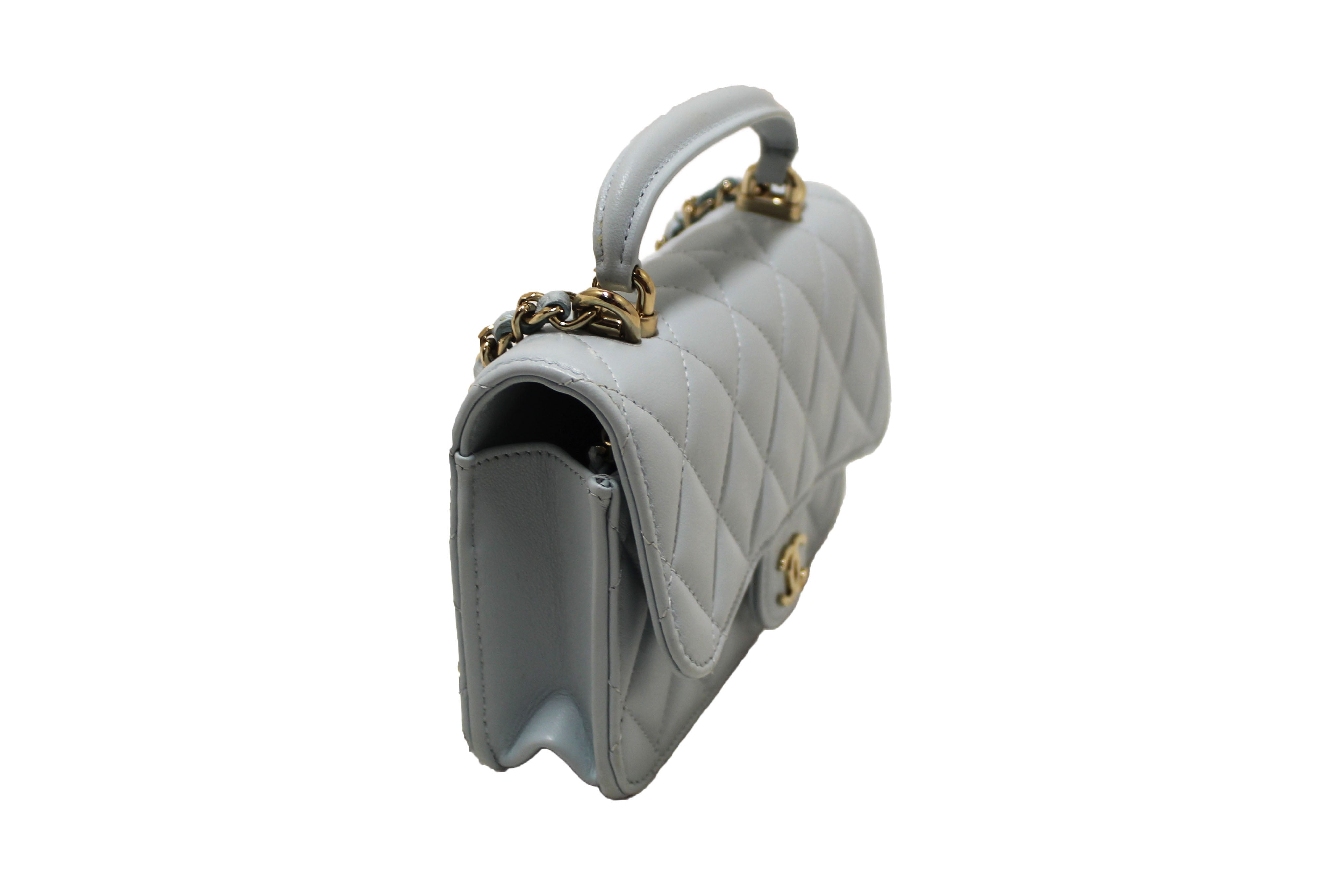 Authentic Chanel Light Blue Quilted Lambskin Leather Flap Phone Holder with Chain Crossbody Bag