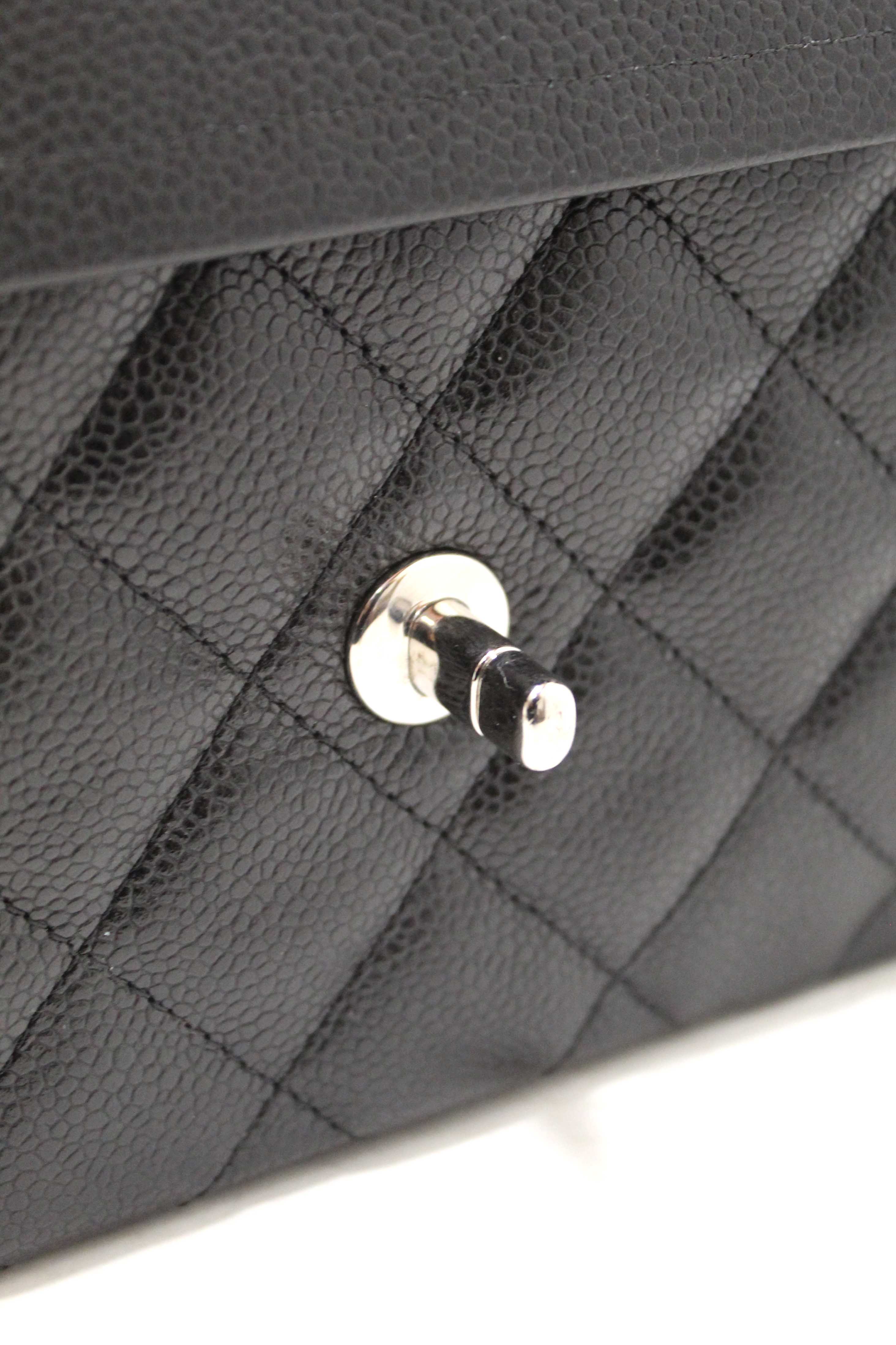 Authentic Chanel Black Quilted Caviar Leather Classic Jumbo Double Flap Bag