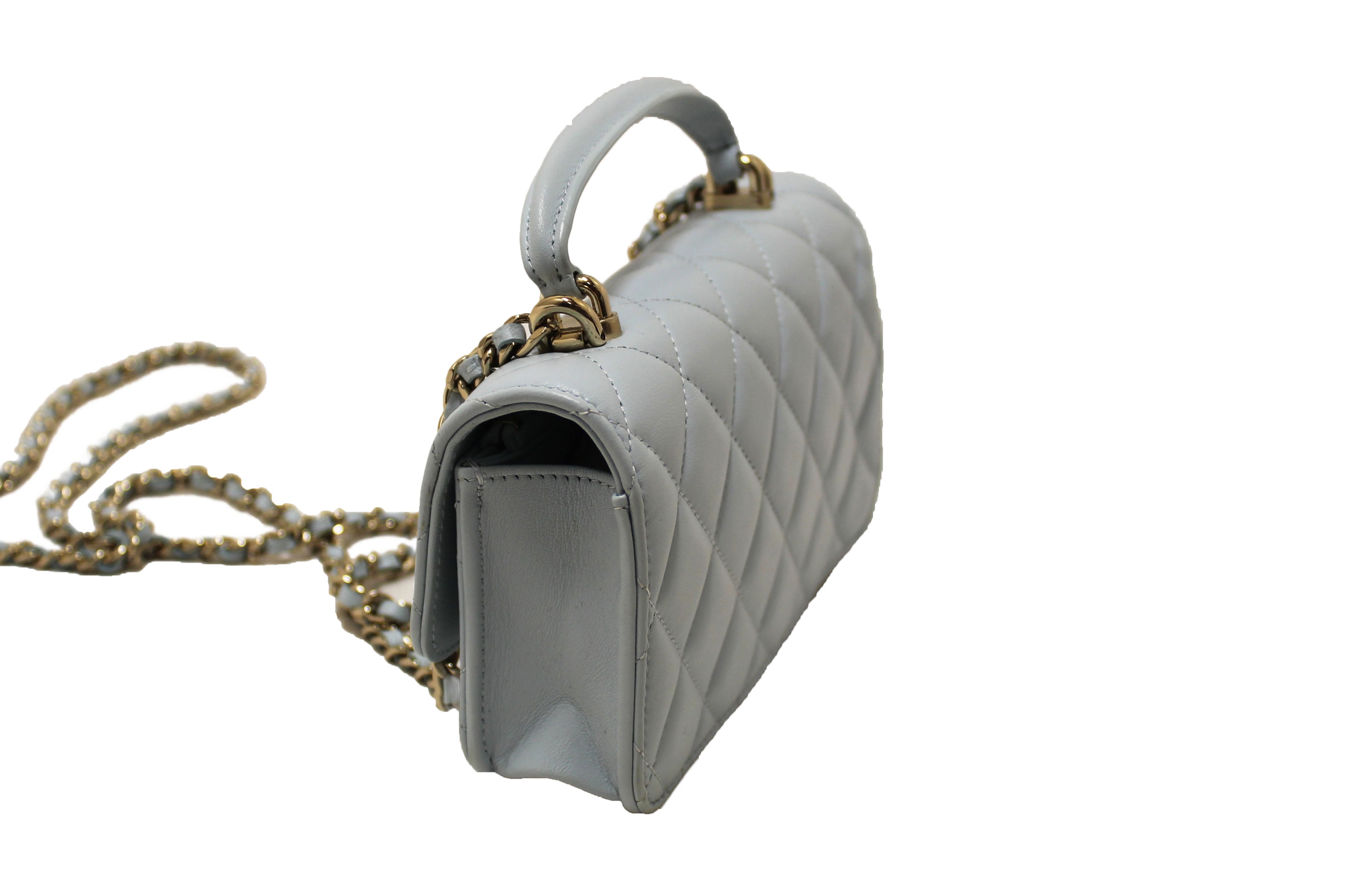 Authentic Chanel Light Blue Quilted Lambskin Leather Flap Phone Holder with Chain Crossbody Bag