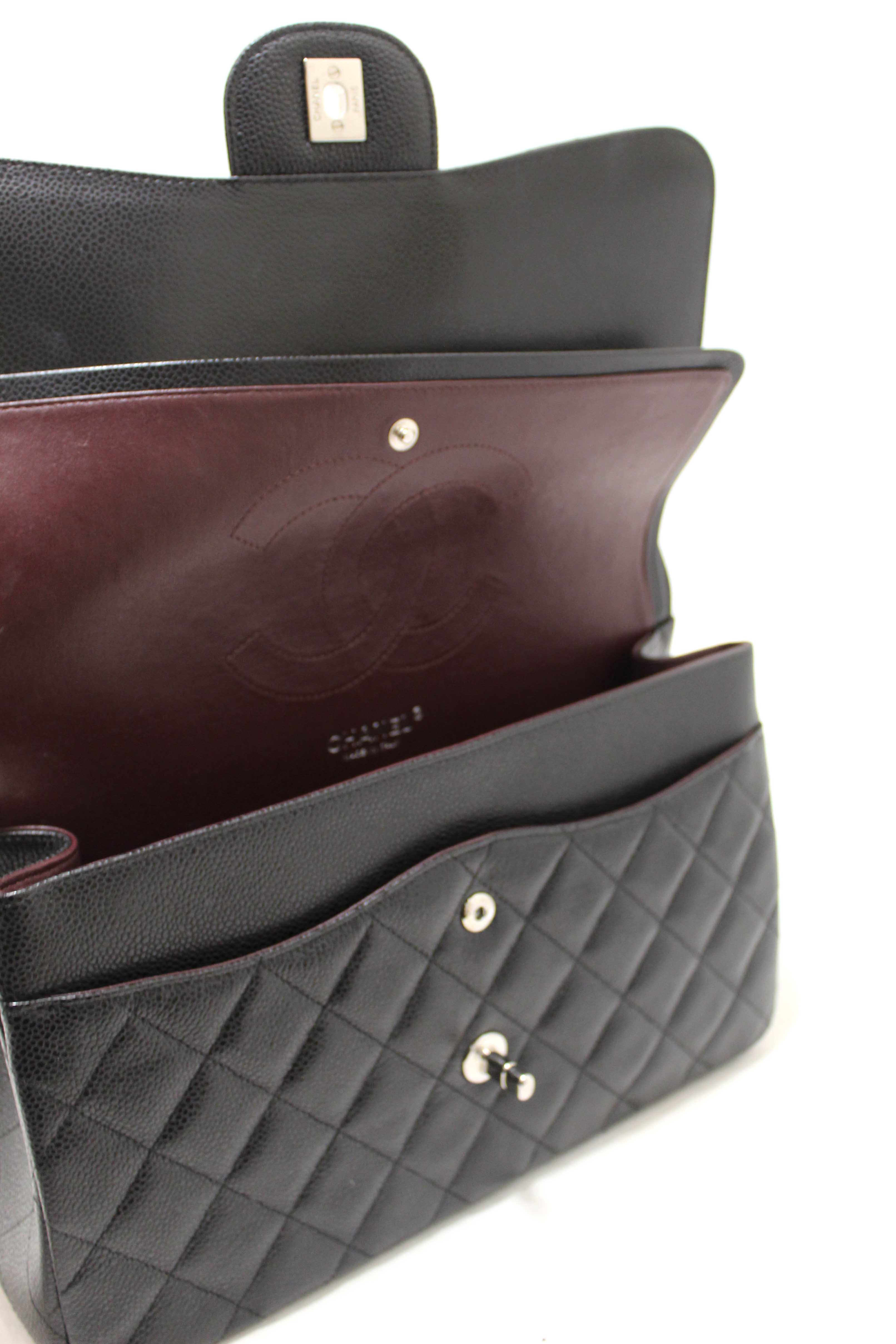 Authentic Chanel Black Quilted Caviar Leather Classic Jumbo Double Flap Bag