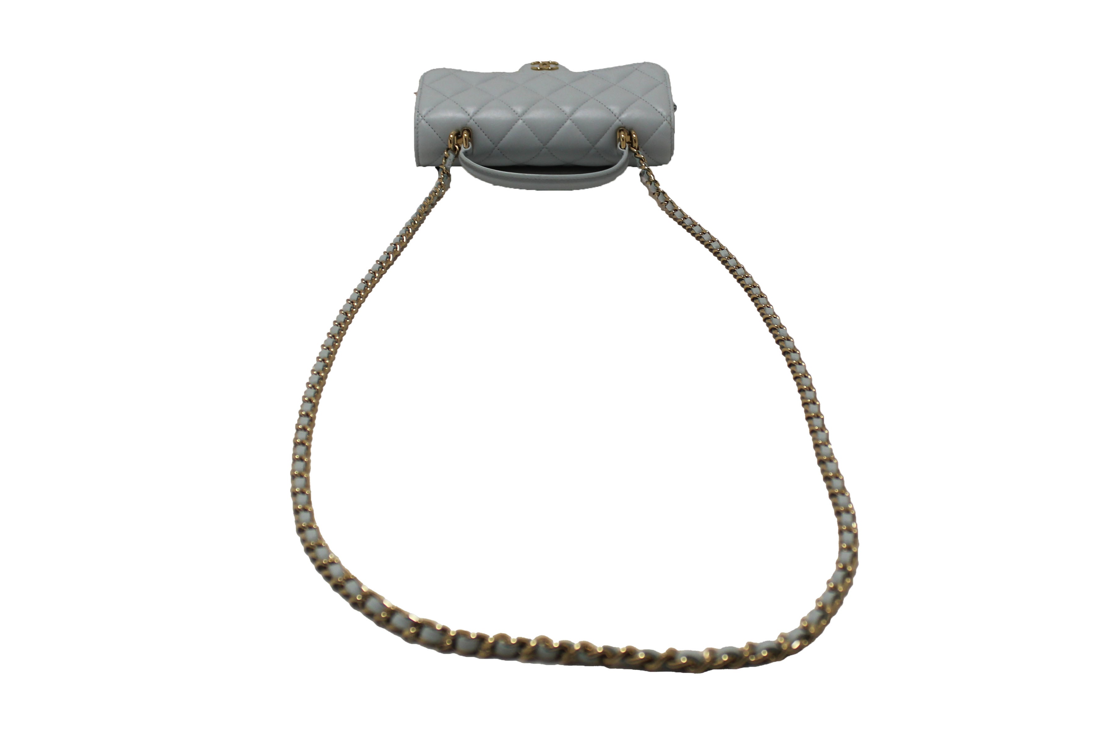 Authentic Chanel Light Blue Quilted Lambskin Leather Flap Phone Holder with Chain Crossbody Bag