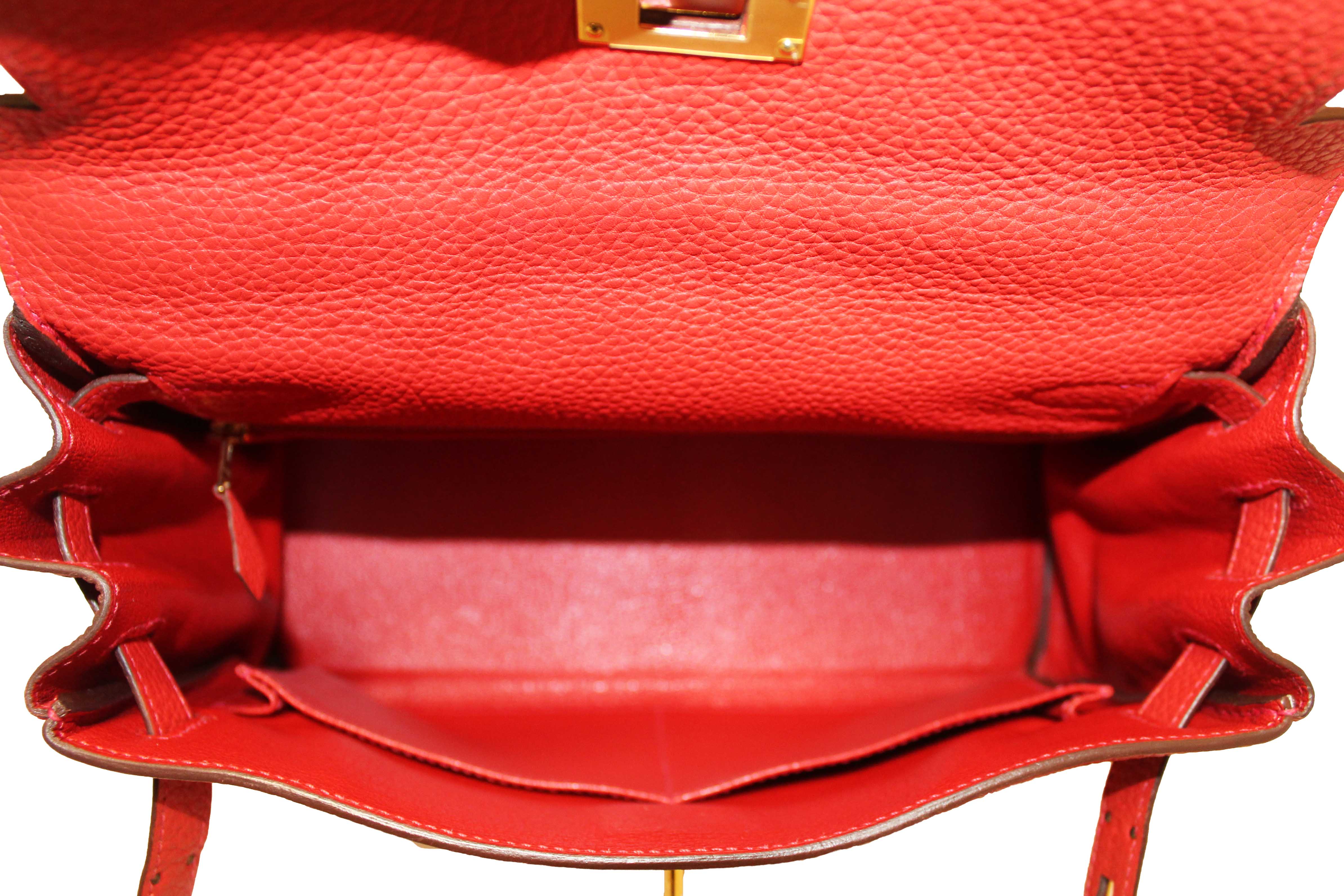 Authentic Hermes Rouge Pivoine Togo Leather Kelly Retourne 28 Handbag/Shoulder Bag