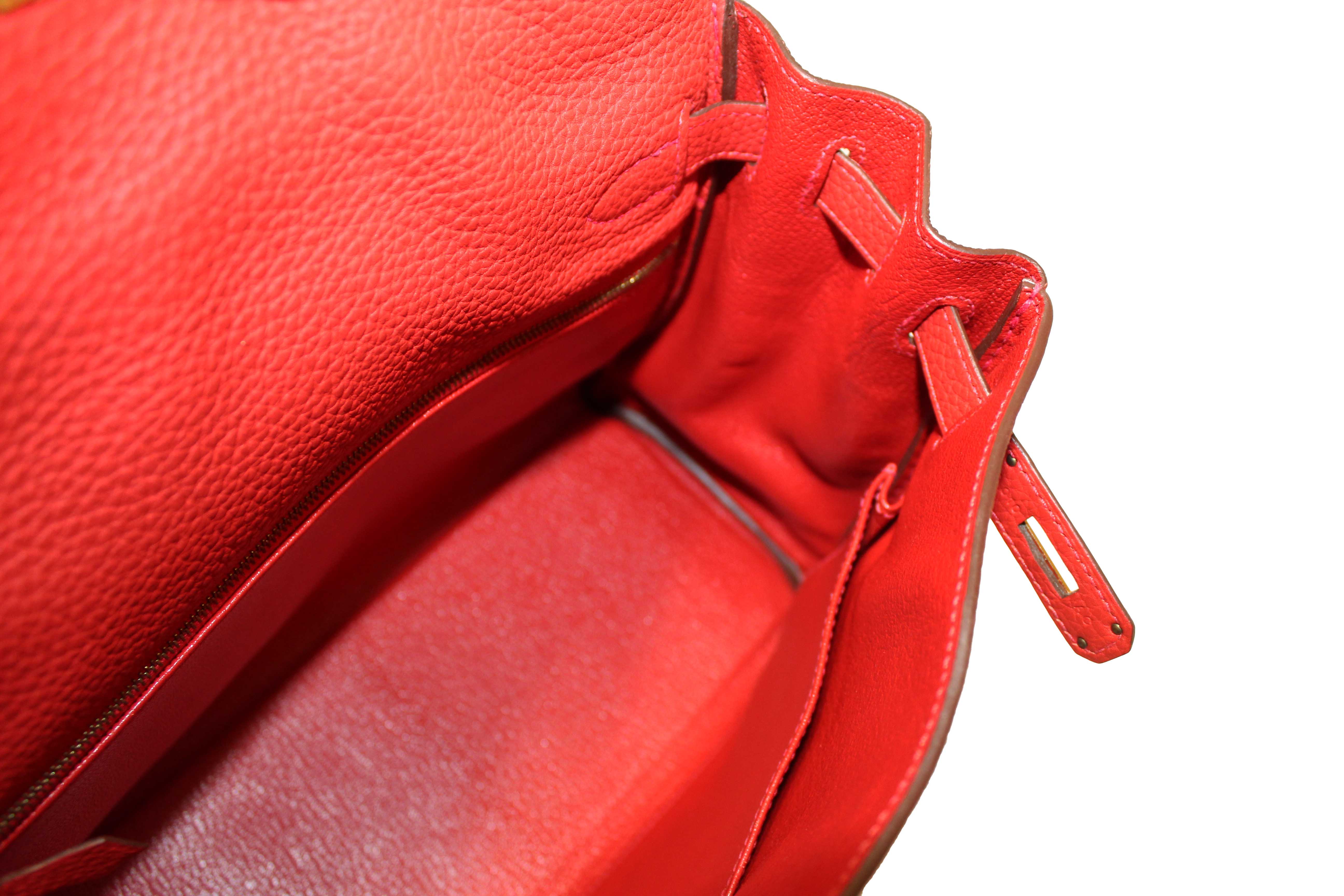 Authentic Hermes Rouge Pivoine Togo Leather Kelly Retourne 28 Handbag/Shoulder Bag