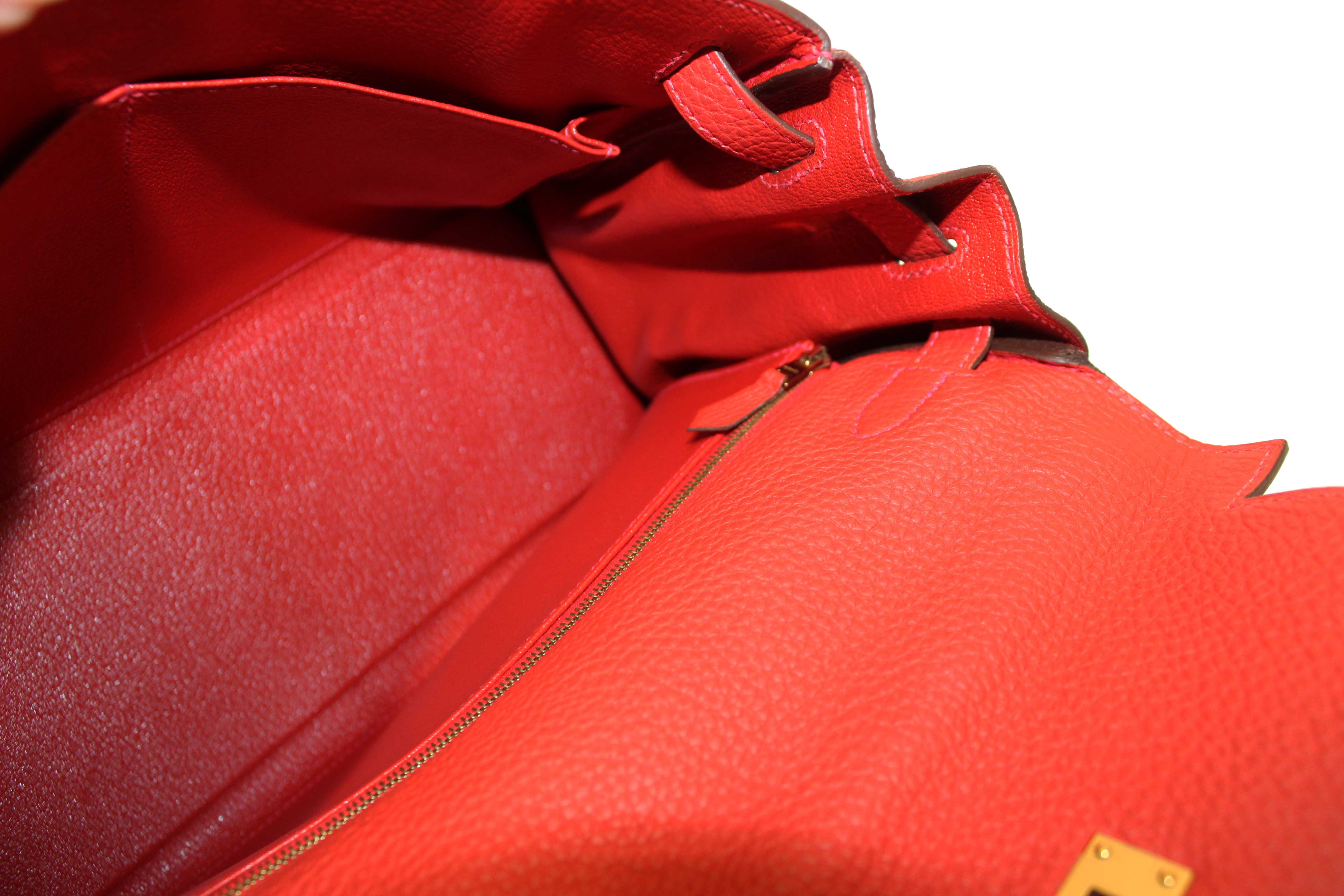 Authentic Hermes Rouge Pivoine Togo Leather Kelly Retourne 28 Handbag/Shoulder Bag