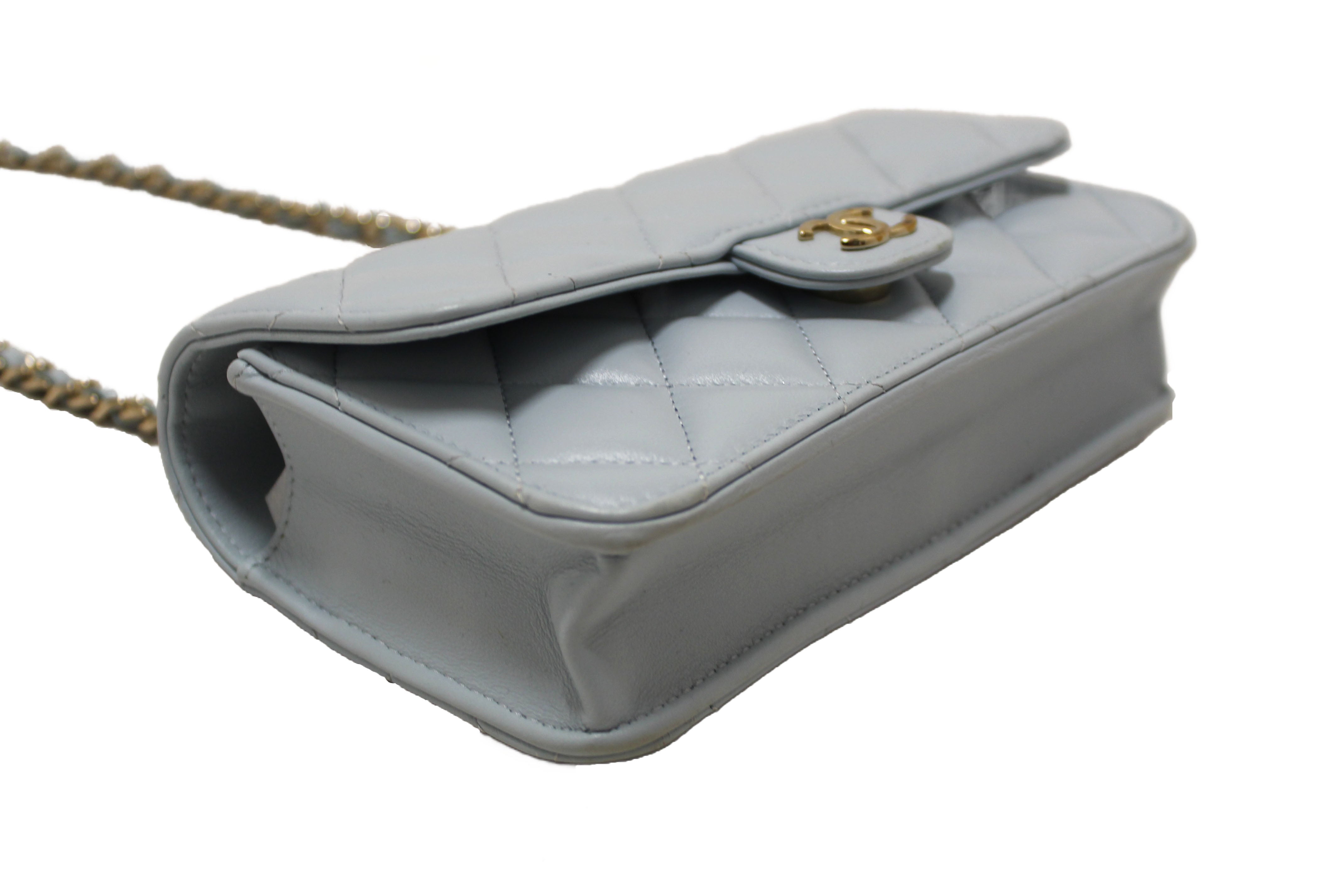 Authentic Chanel Light Blue Quilted Lambskin Leather Flap Phone Holder with Chain Crossbody Bag