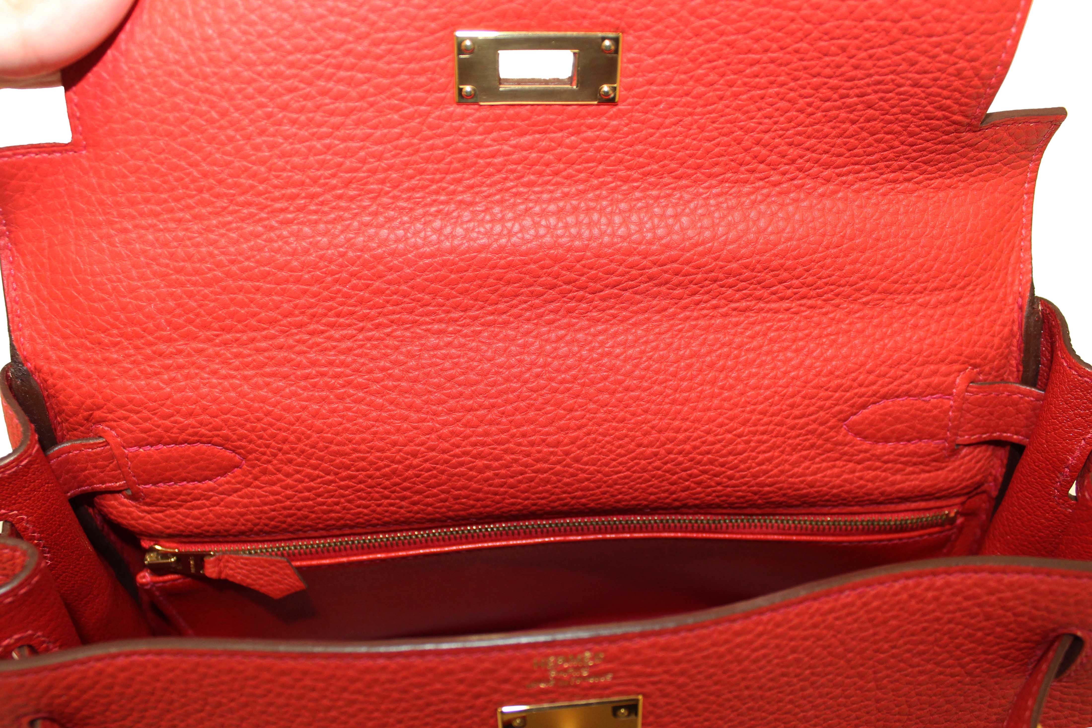 Authentic Hermes Rouge Pivoine Togo Leather Kelly Retourne 28 Handbag/Shoulder Bag