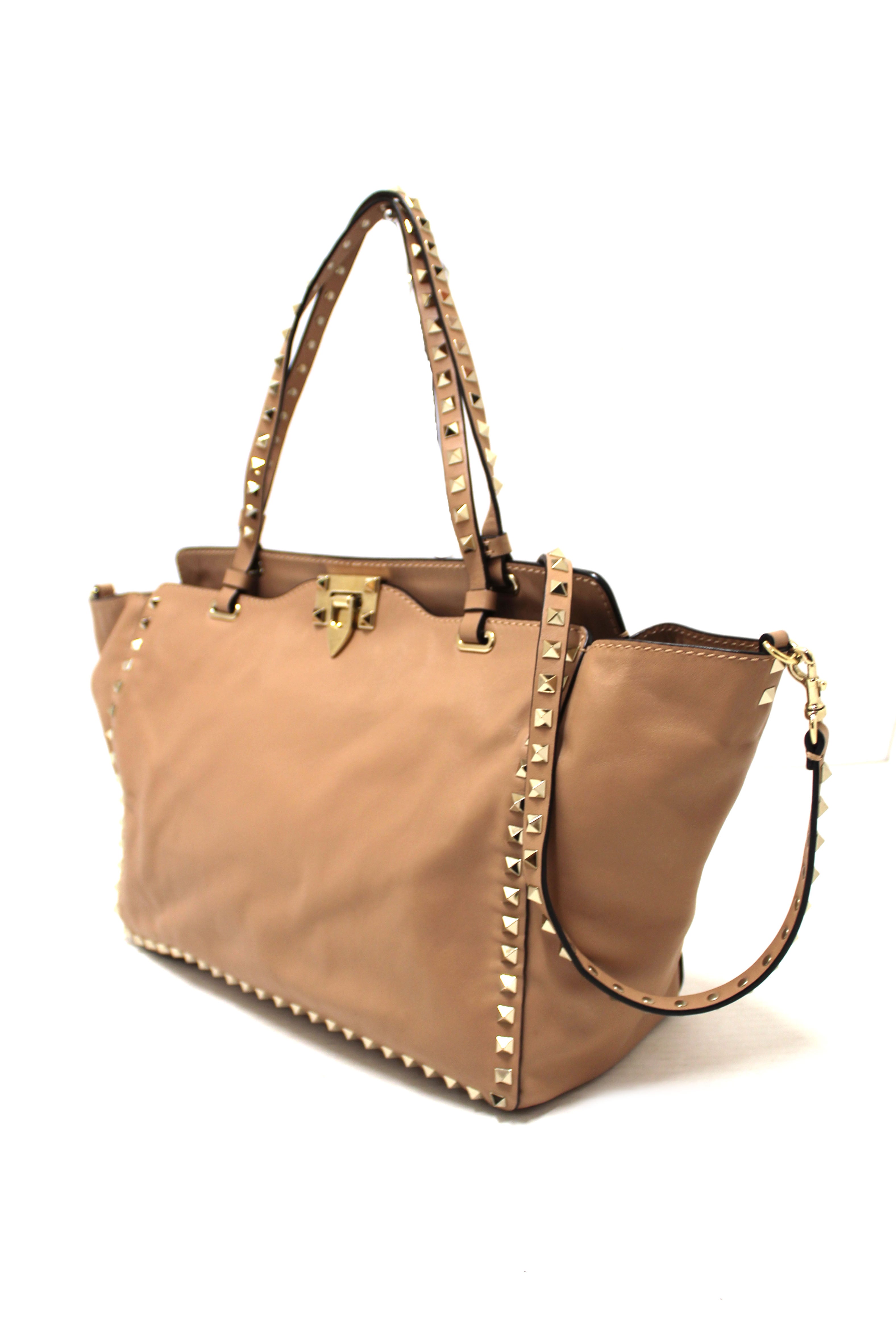 Authentic Valentino Medium Rockstud Beige Nappa Leather Tote Shoulder Bag