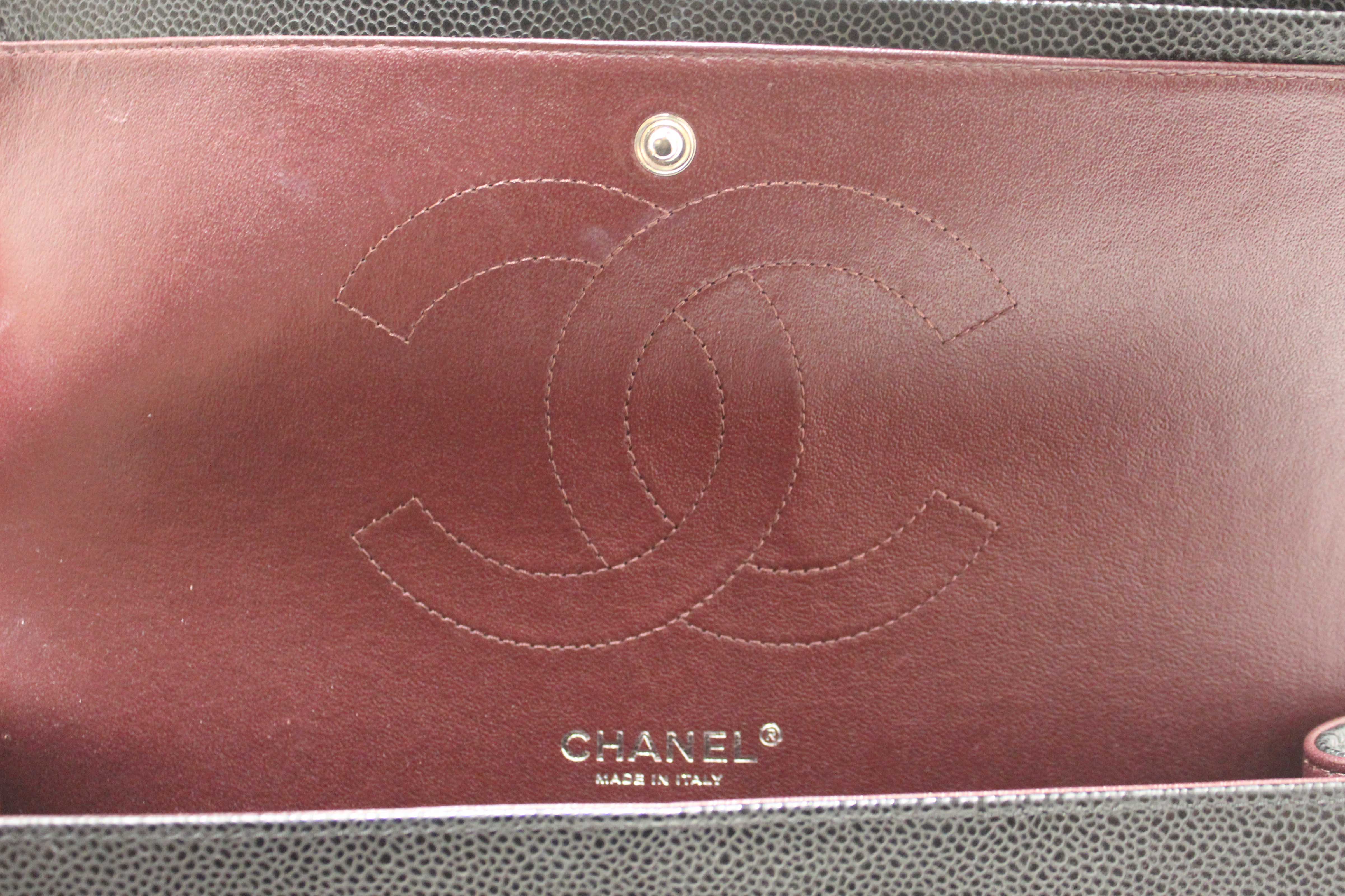 Authentic Chanel Black Quilted Caviar Leather Classic Jumbo Double Flap Bag