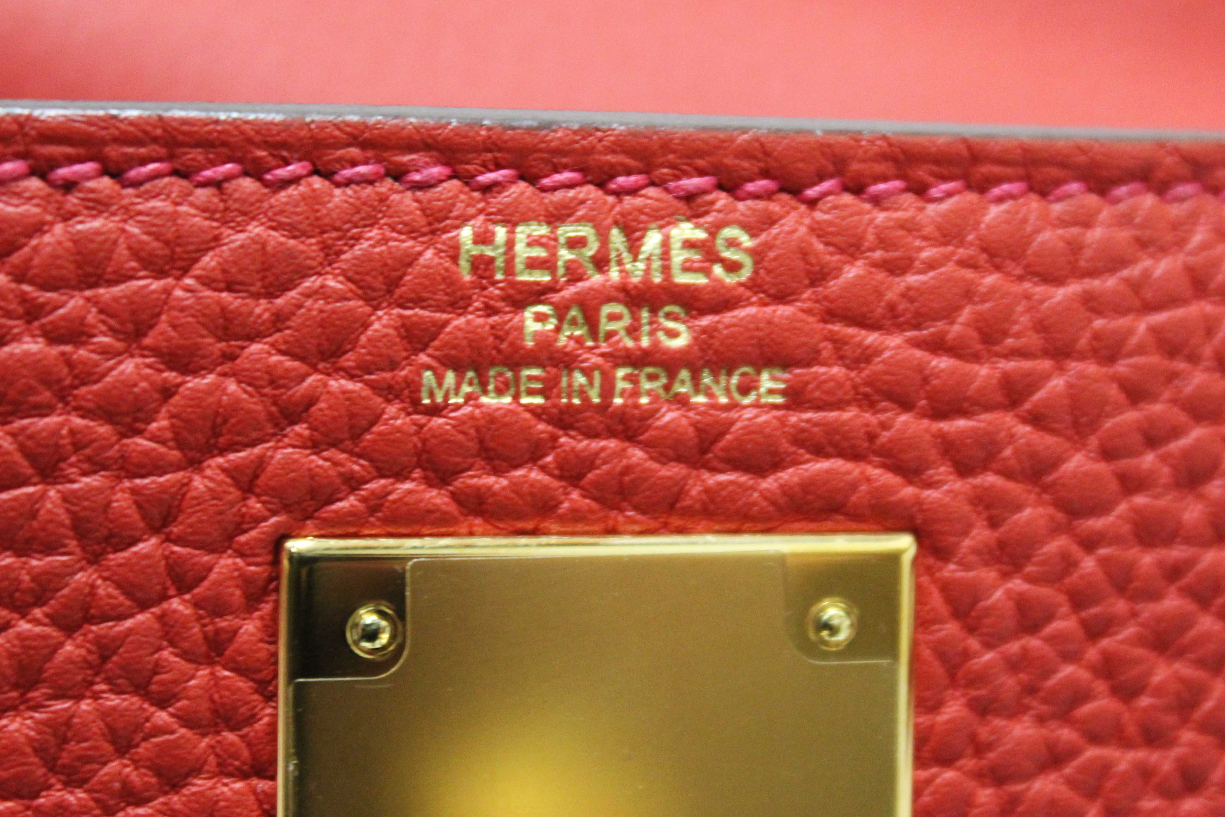 Authentic Hermes Rouge Pivoine Togo Leather Kelly Retourne 28 Handbag/Shoulder Bag