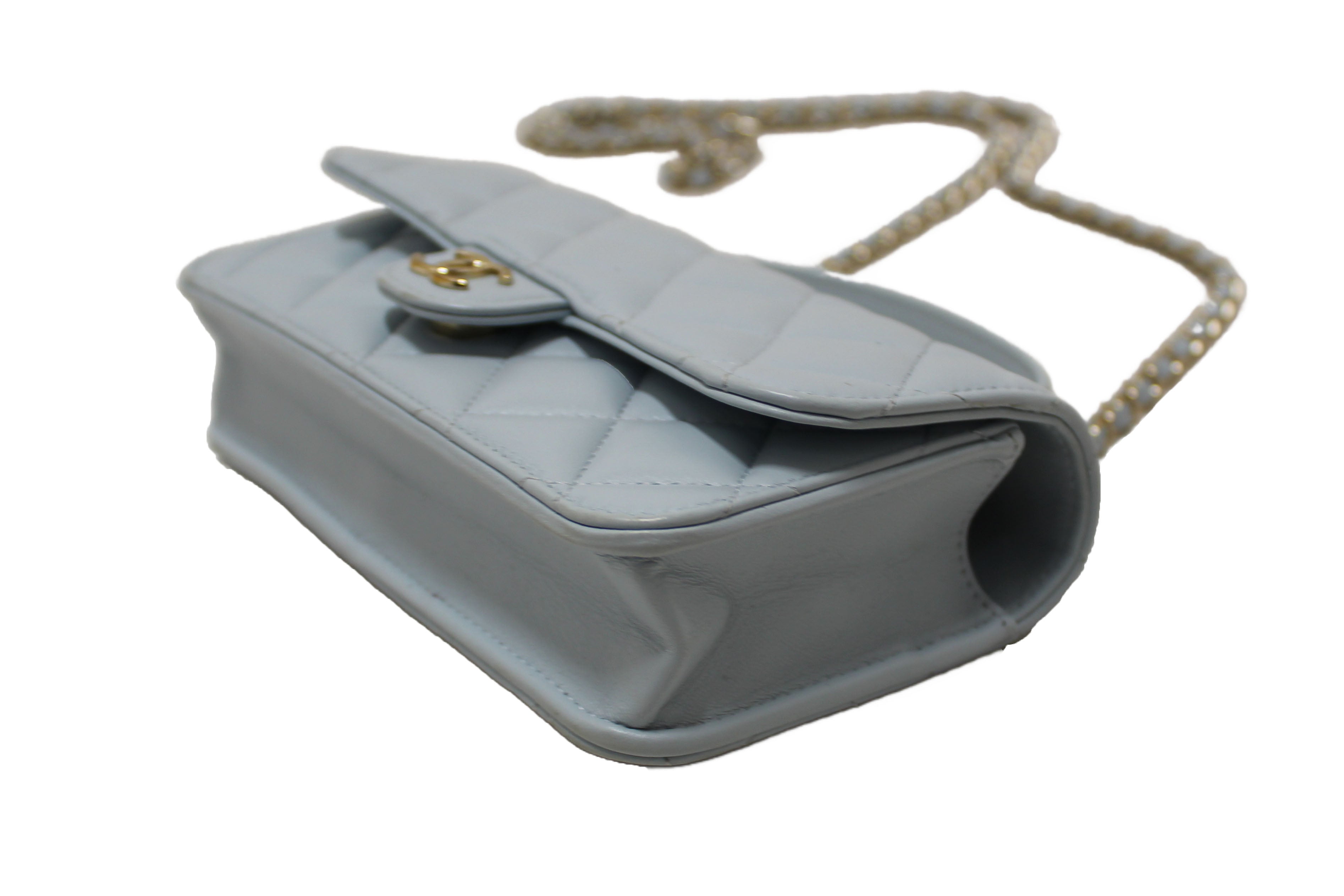 Authentic Chanel Light Blue Quilted Lambskin Leather Flap Phone Holder with Chain Crossbody Bag