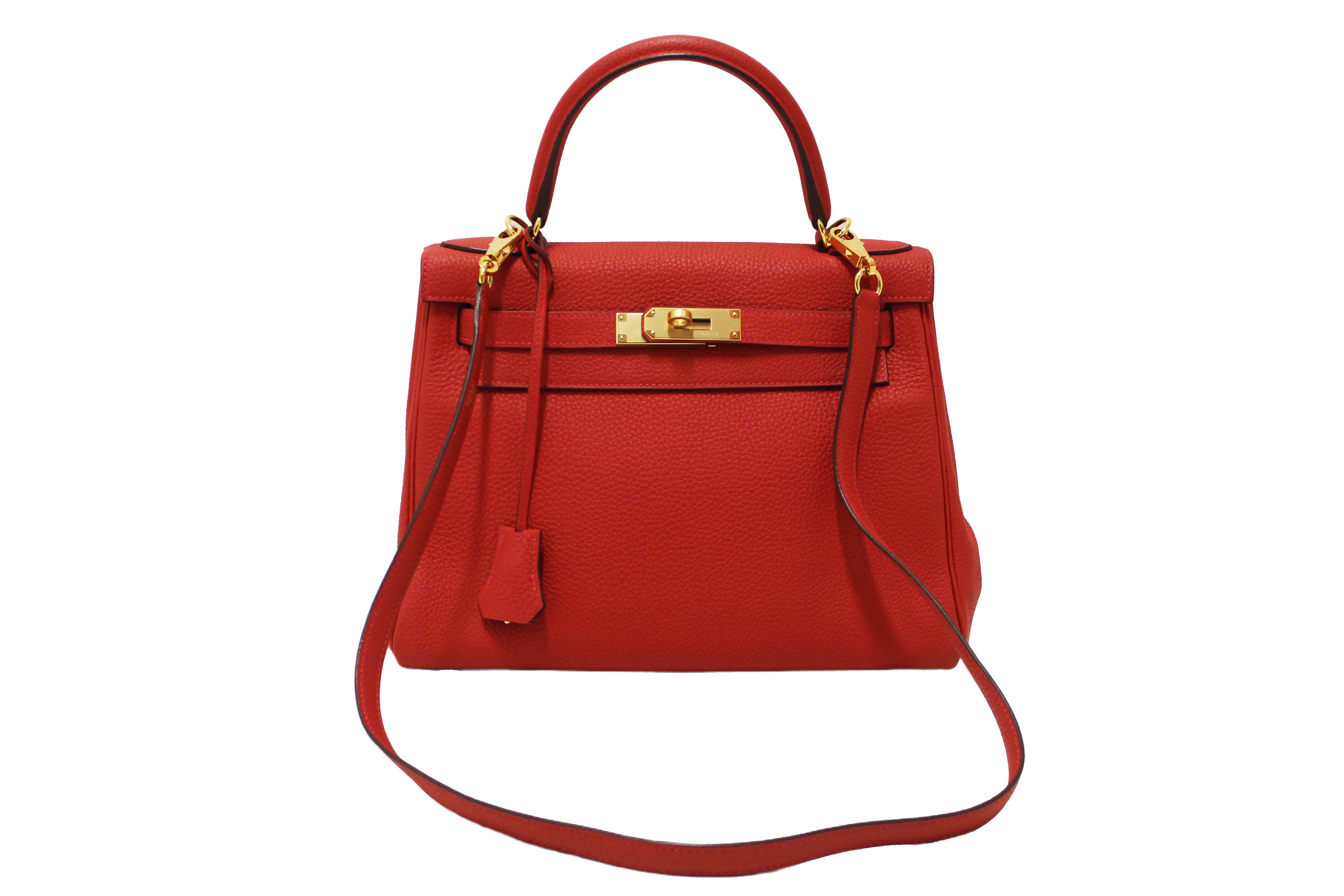 Authentic Hermes Rouge Pivoine Togo Leather Kelly Retourne 28 Handbag/Shoulder Bag