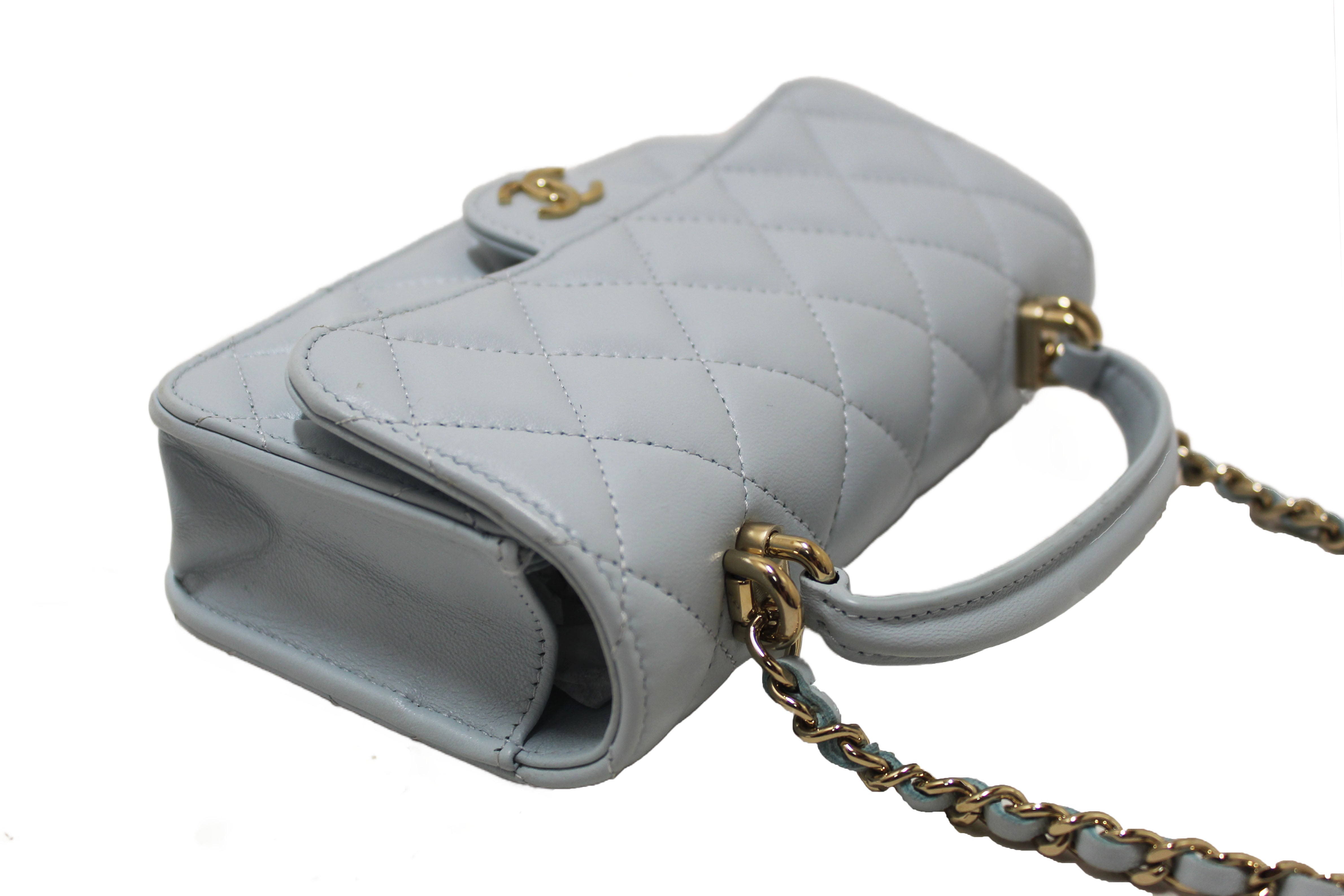 Authentic Chanel Light Blue Quilted Lambskin Leather Flap Phone Holder with Chain Crossbody Bag