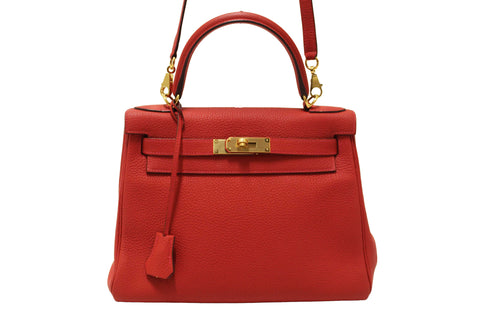 Authentic Hermes Rouge Pivoine Togo Leather Kelly Retourne 28 Handbag/Shoulder Bag