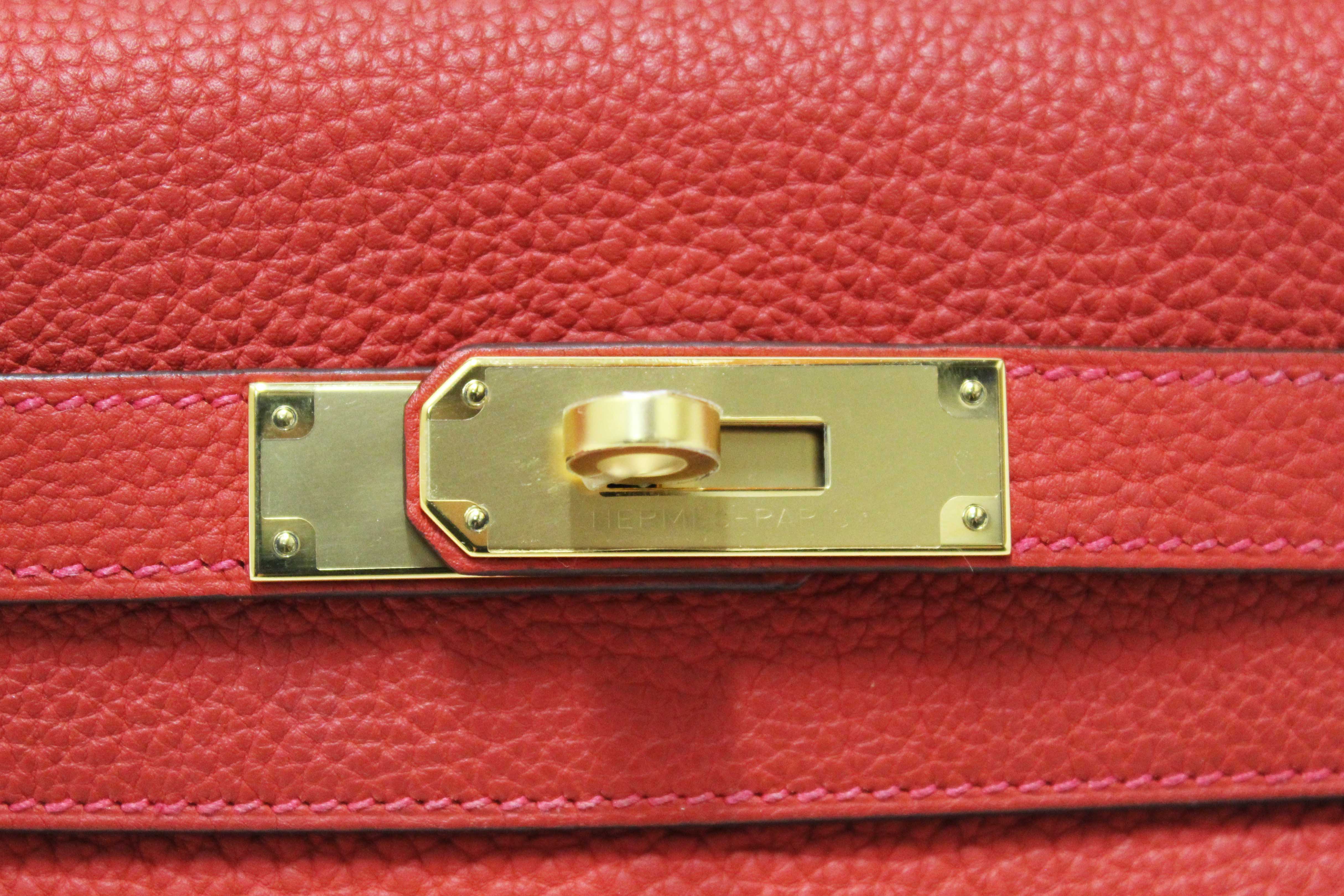 Authentic Hermes Rouge Pivoine Togo Leather Kelly Retourne 28 Handbag/Shoulder Bag