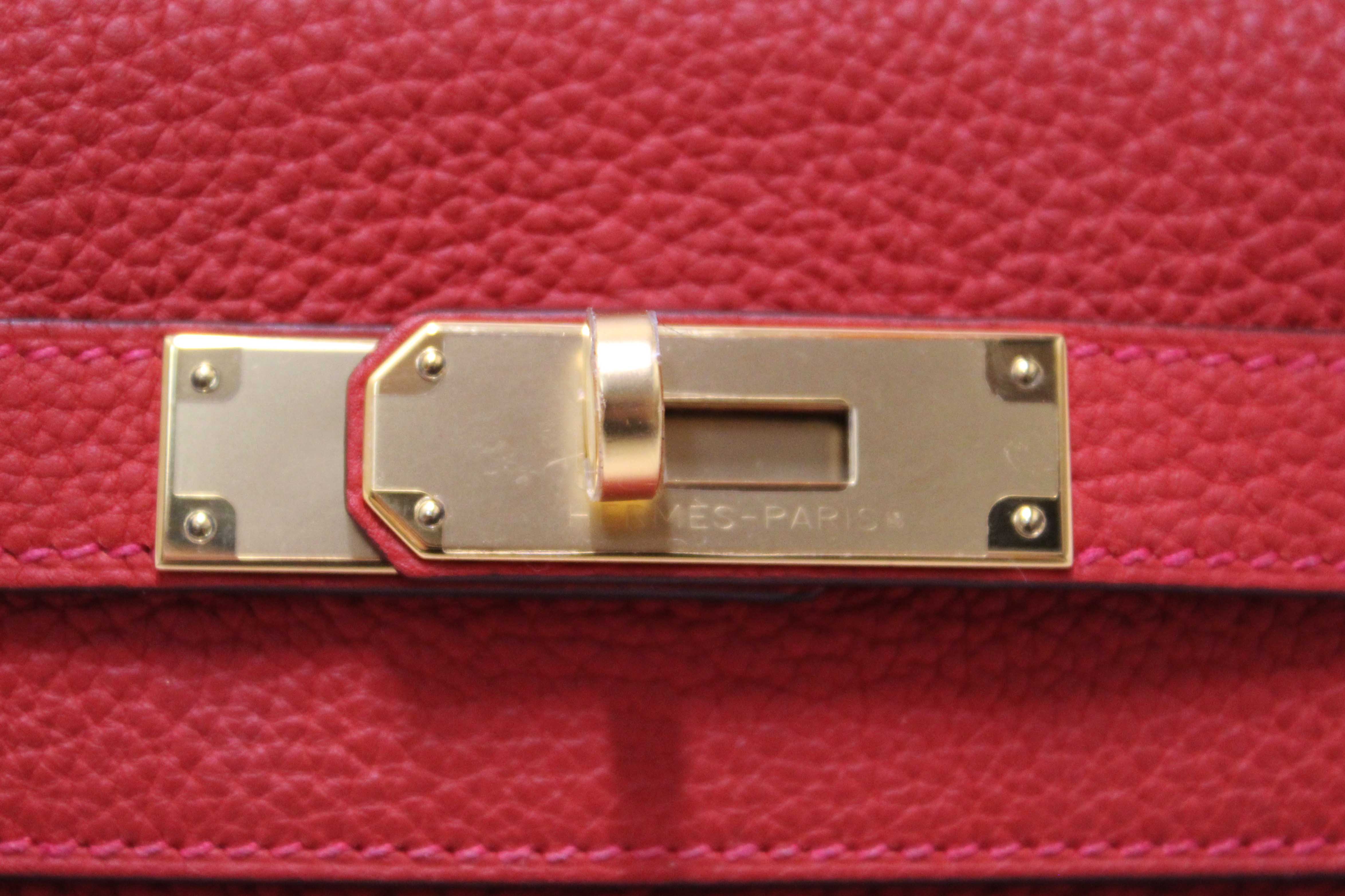 Authentic Hermes Rouge Pivoine Togo Leather Kelly Retourne 28 Handbag/Shoulder Bag