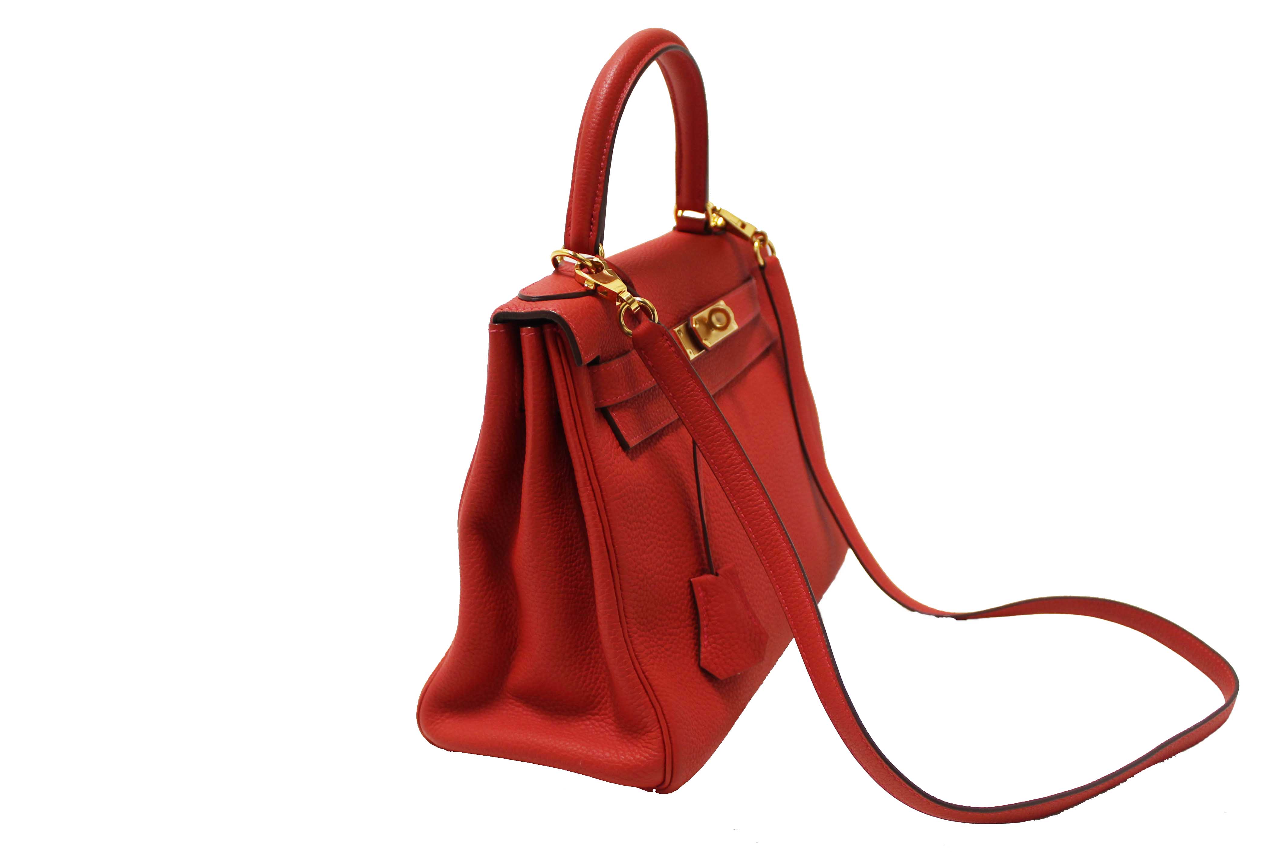 Authentic Hermes Rouge Pivoine Togo Leather Kelly Retourne 28 Handbag/Shoulder Bag