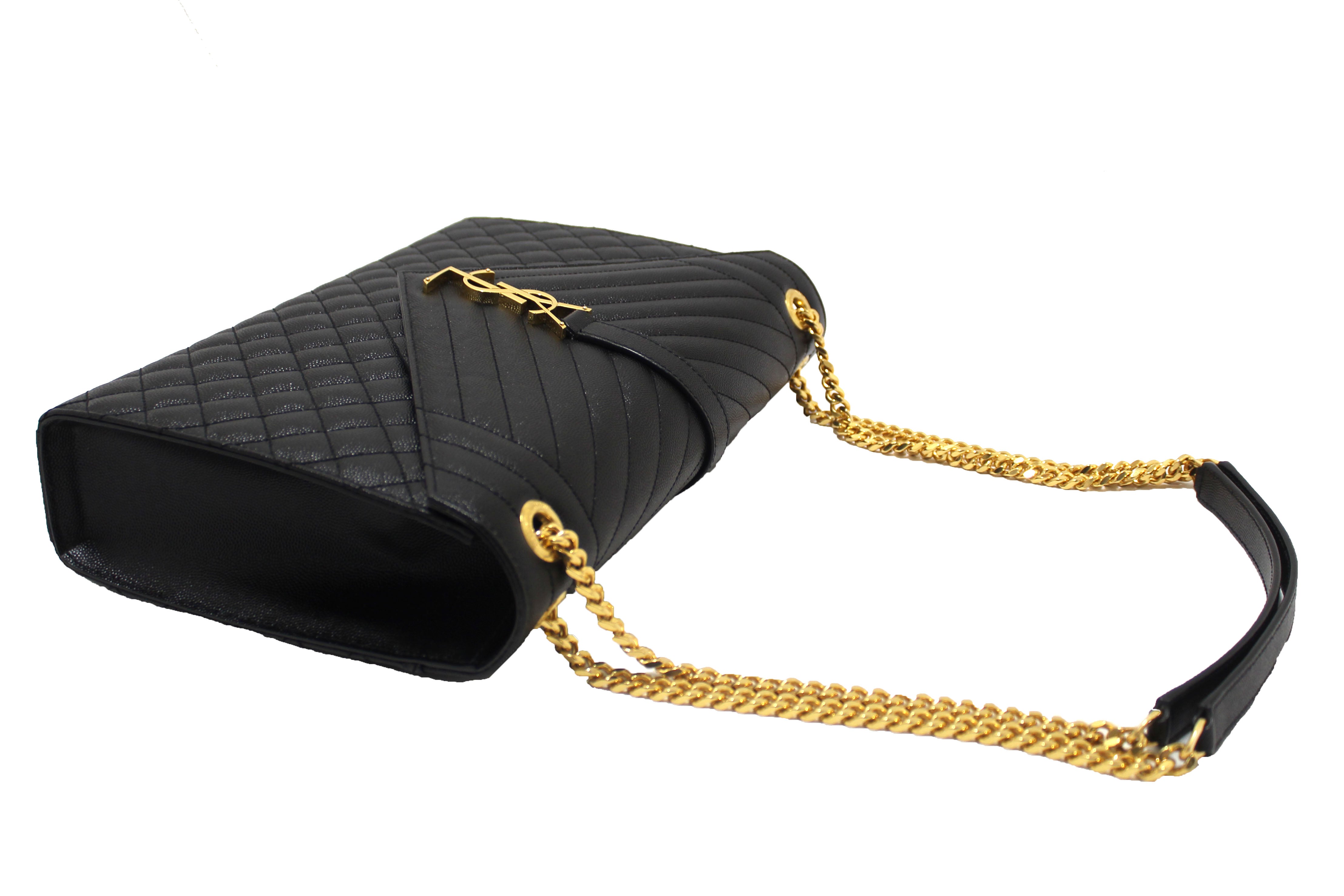Authentic Saint Laurent Black Matelasse Grain De Poudre Embossed Leather Large Envelope Bag